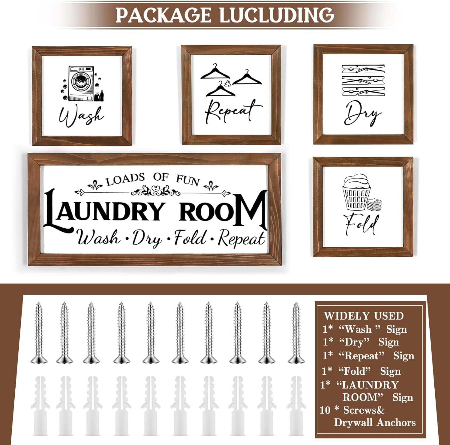 Laundry Room Wall Decor Set of 5 - Farmhouse Wood Signs with Wash Dry Fold Put Away, Rustic Laundry Room Art with Wood Frame Decorative Room Sign