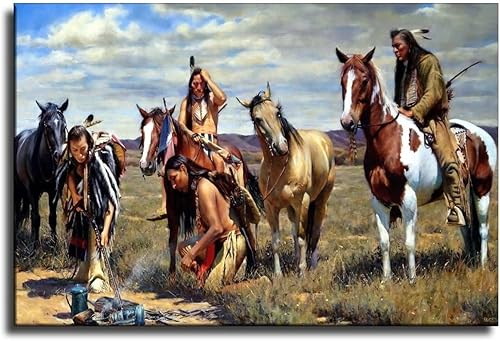 ZBIN Póster de pared de nativos americanos indios valientes guerreros valientes en el campamento, pósteres impresos para decoración del hogar,