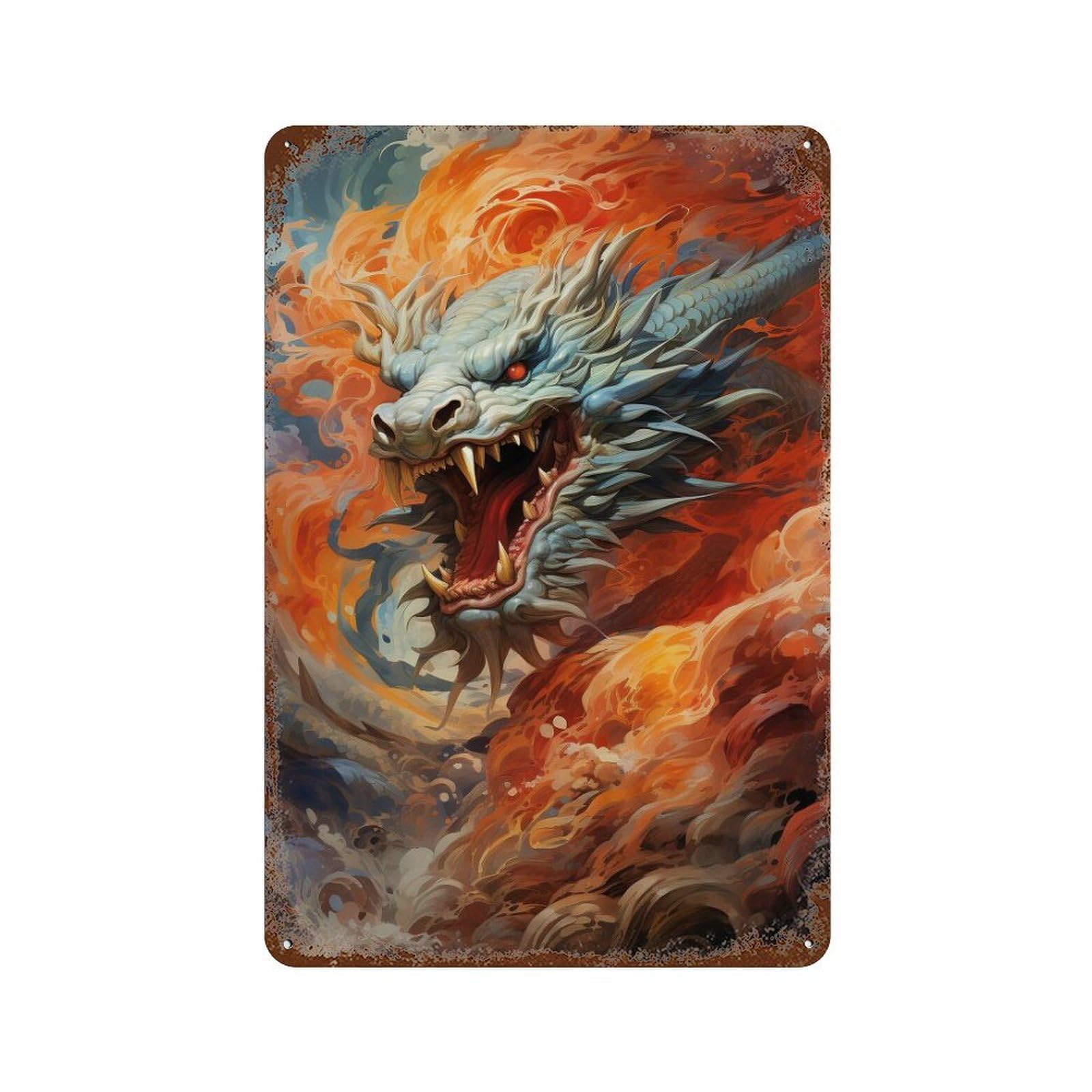 Garage Style Dragon Fire Artwork Rusty Metal Tin Sign 11.8"x7.9", Classic Wall Plaque for Bar And Workshop