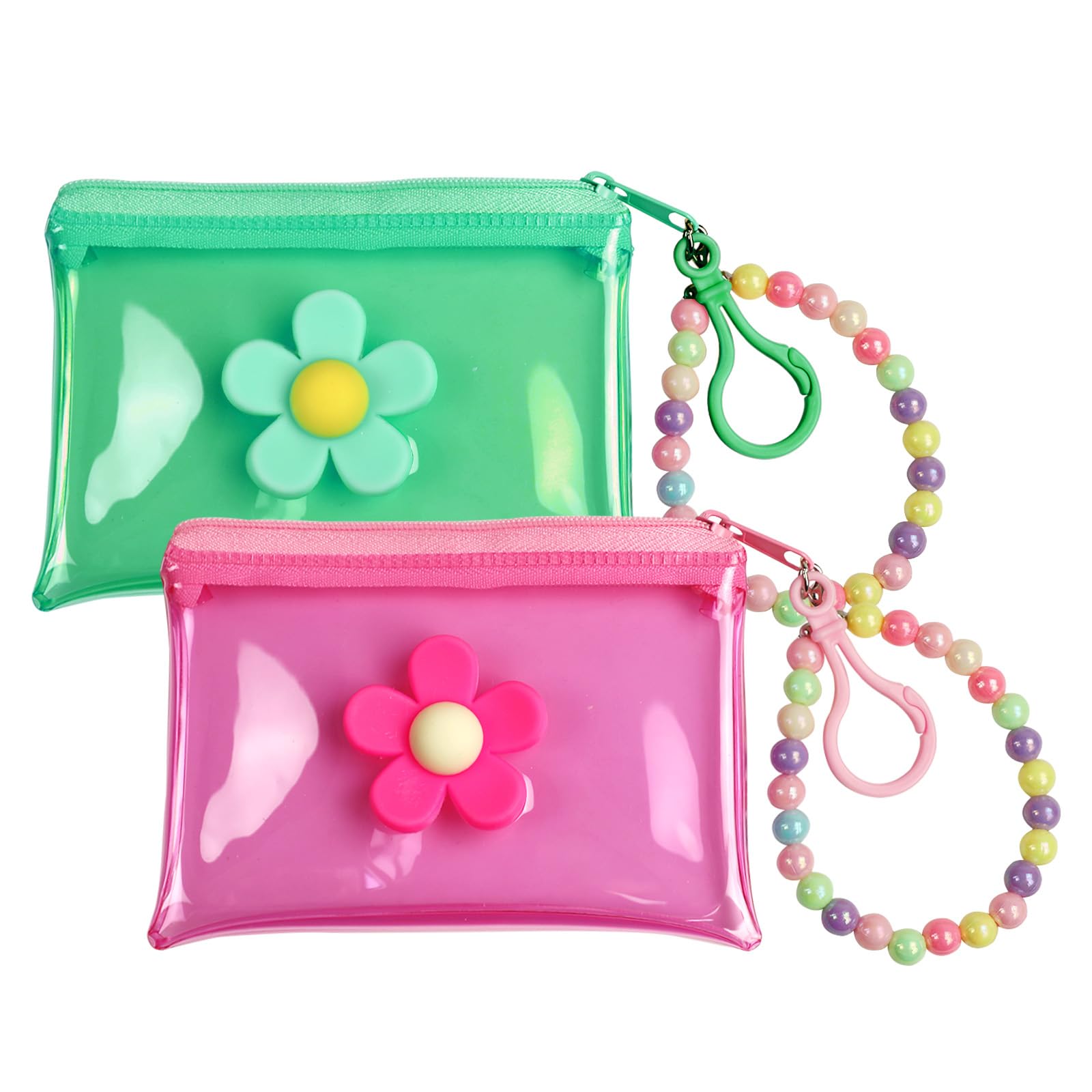 TOBETOPTOOLER 2 PCS Coin Purse Credit Card Holder Cute Small Mini Zipper Wallet for Women Girls Change Purses Money Bags Organizer Bead Chain Keychain