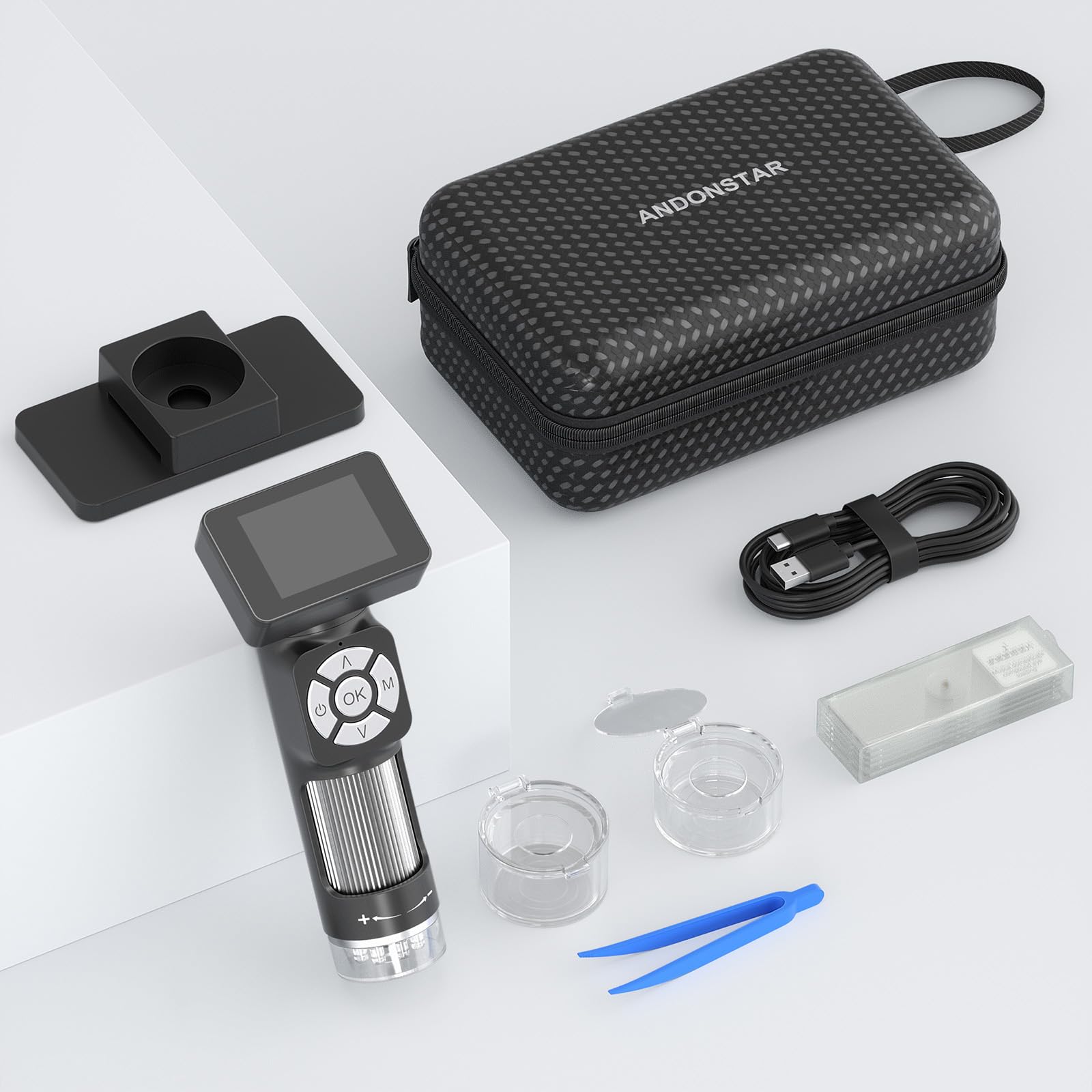 Microscopio Digital portátil AD112 con Pantalla LCD IPS de 2 Pulgadas - Microscopio de Bolsillo portátil con Aumento de 20X a 500X con grabación de Video de 1080p, 8 Luces LED