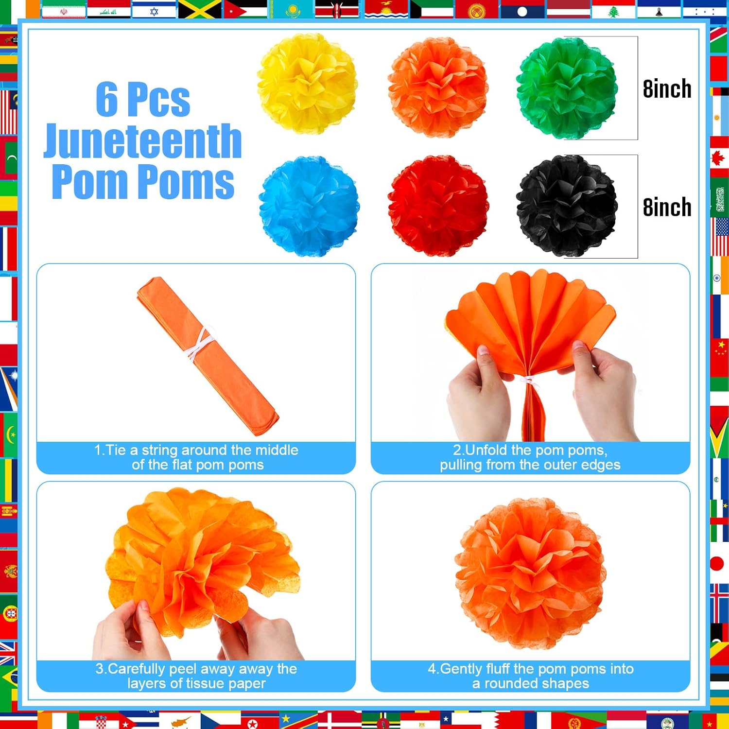 Outus International Flags Hanging Decorations Around The World Paper Fans Country World Flags Tissue Pom Poms Nations Paper Lanterns for Sports Event Back to School Classroom Ceiling Wall Decor