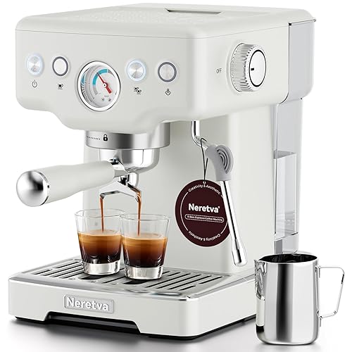 Neretva Espresso Machine, 15 Bar Espresso Coffee Machine with Visible Pressure Guage Professional Espresso Maker with Milk Frother & Stainless Steel for Home Barista Latte and Cappuccino Maker - White - White