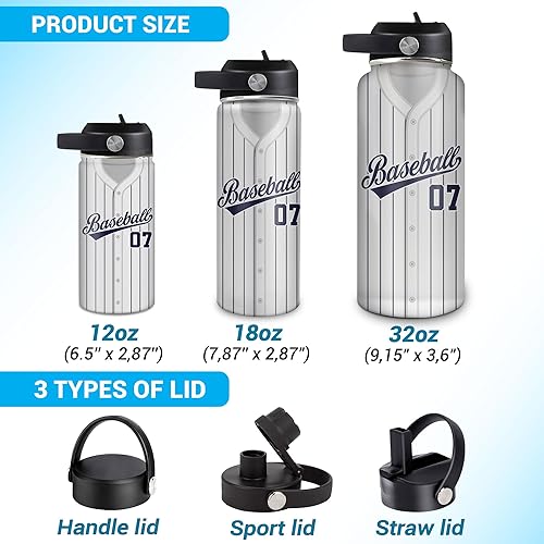 Vista 31 de Hyturtle Botella de agua de béisbol personalizada, botella de acero inoxidable aislada de viaje con tapa a prueba de fugas, 18 onzas, 32 onzas