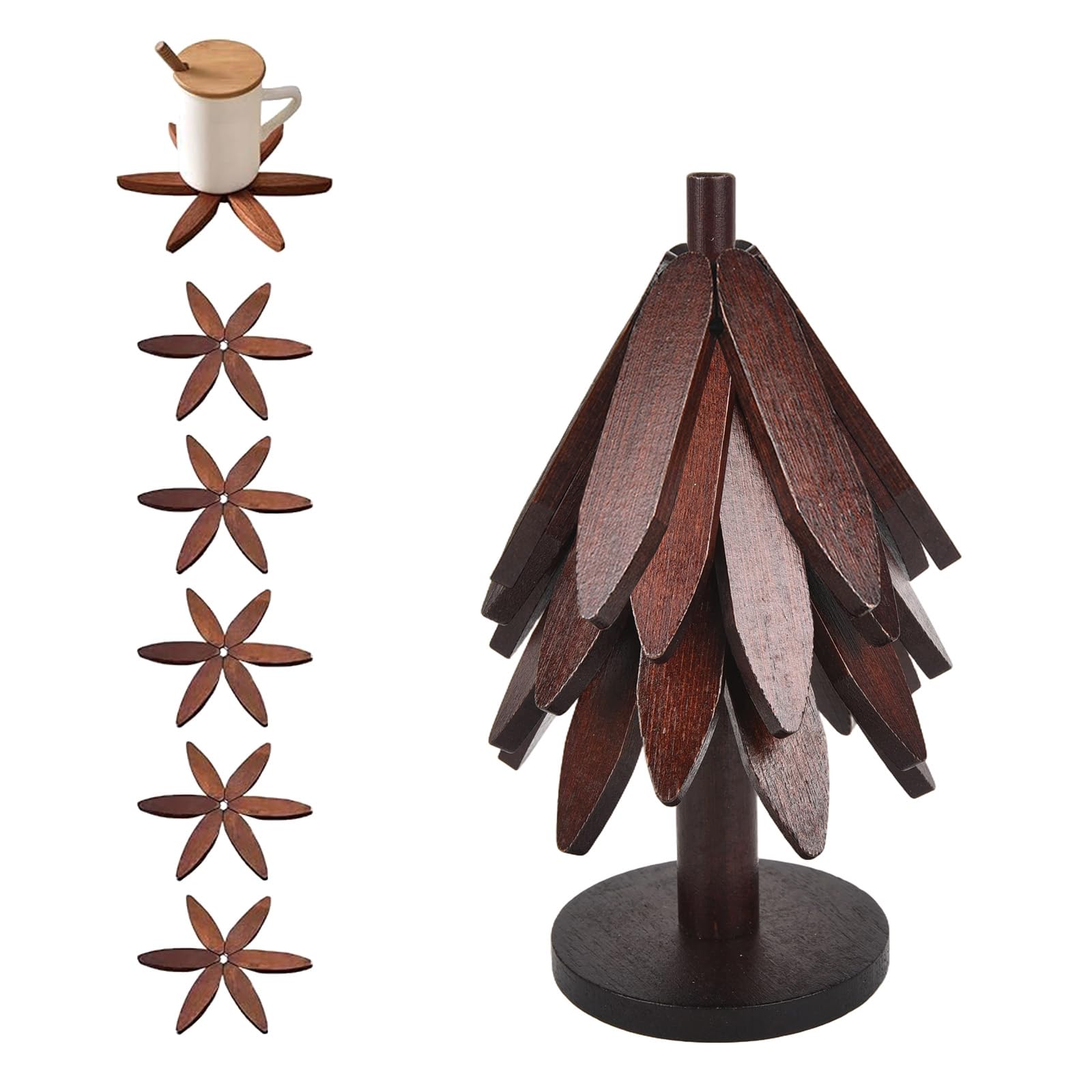 TopHomer Wooden Trivet Tree Set for Hot Dishes, 5 Flower-Shaped Foldable Drink Coasters for Mugs & Water Glasses, Decorative Table Protector for Home Kitchen Dining (Walnut Color)