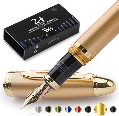 Wordsworth & Black Majesti - Bolígrafo estilográfico (dorado), funda de lujo, acabado en oro de 24 quilates cartuchos de tinta mediana dorada de 18