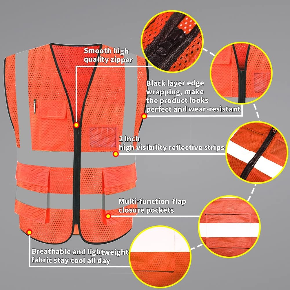 HYCOPROT High Visibility Mesh Safety Reflective Vest with Pockets and Zipper, Meets ANSI/ISEA Standards - Image 3