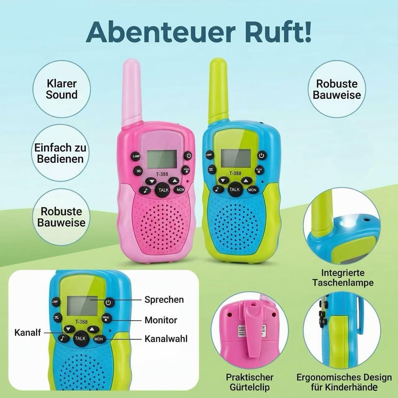 Kinder Walkie Talkies 2er, geeignet für Jungen und Mädchen, Reichweite 3 km, VOX und LED-Taschenlampe, Outdoor-Camping-Abenteuer-Spielzeug, Blau-Grün & Pink-Rot