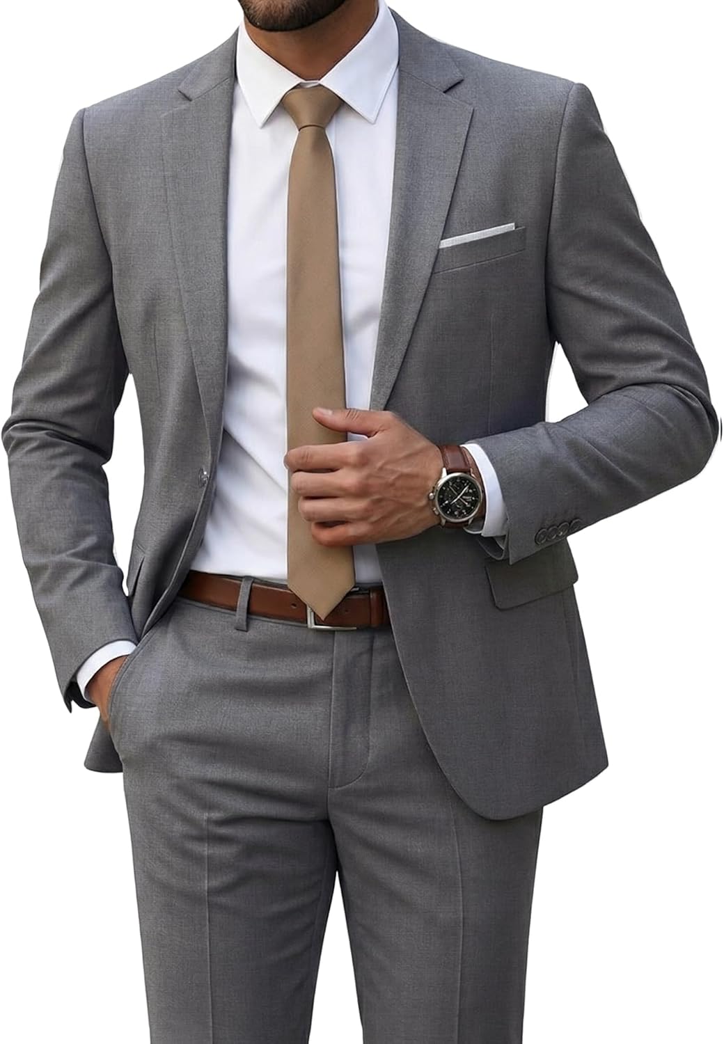 YND Men's 2 Piece One Button Suit, Slim Fit Jacket and Pants with Tie, for Business Weddings Party Proms