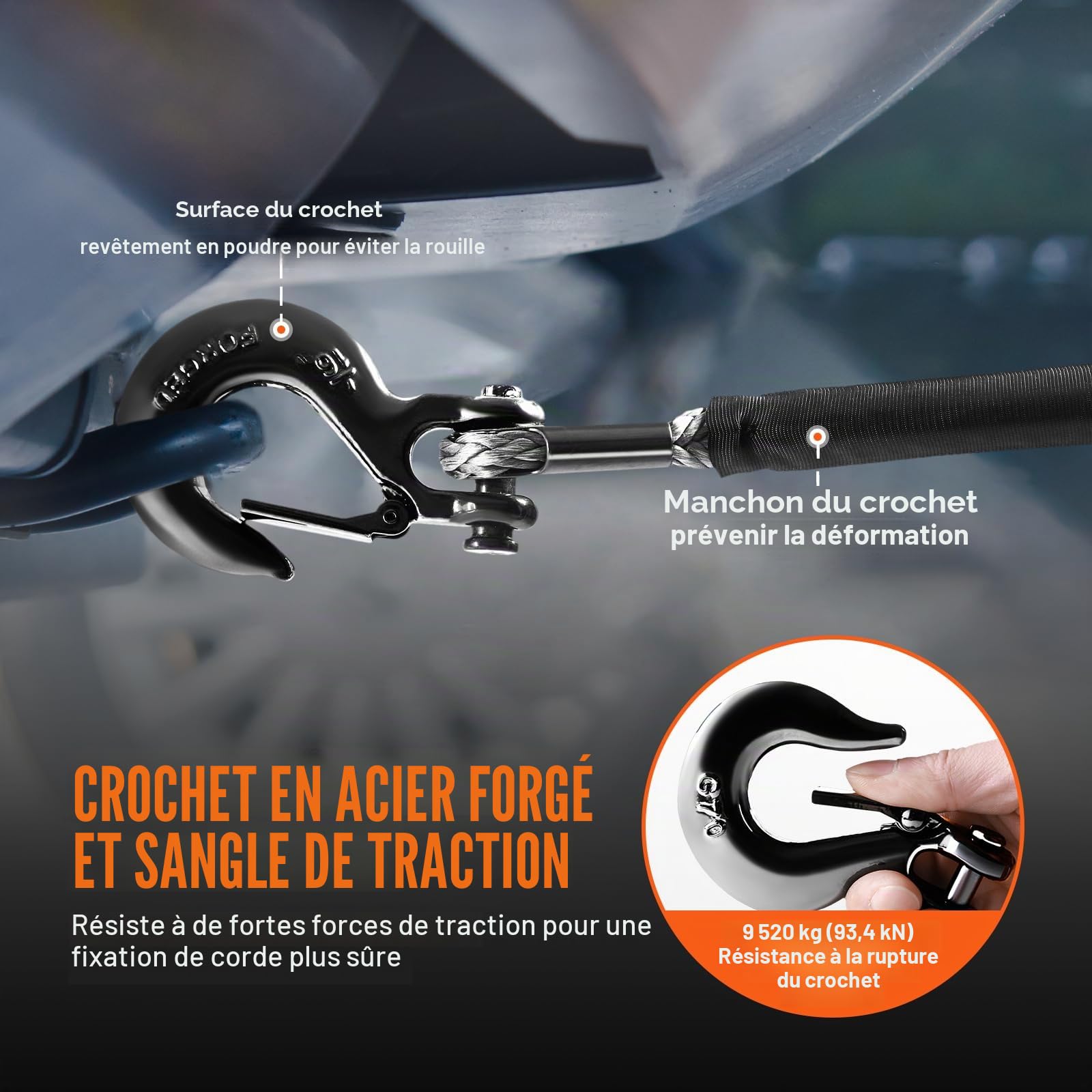 VEVOR Corde de Treuil 9,5 mm x 25,9 m Câble Synthétique Résistance Rupture 117,9 KN avec Manchon de Protection, Crochet de Treuil Forgé, Sangle Traction pour SUV, Grand Véhicule Tout-Terrain, Camion