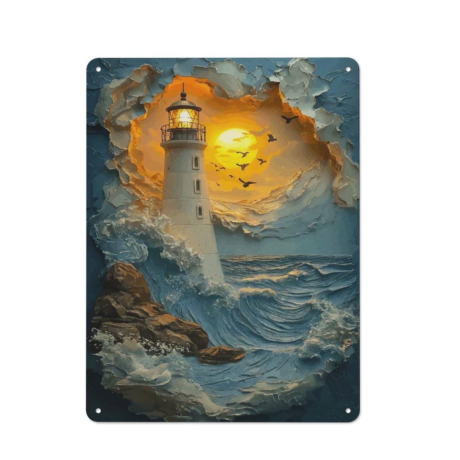 Junmoney Style-5 40X30cm Rustic Tin Sign With Lighthouse In Stormy Sea For Living Room Or Hallway, For Vintage Wall Decor Fans, For Themed Room Decoration