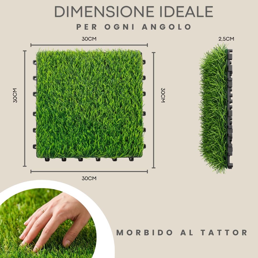 ActivoTex Piastrelle Da Giardino 30x30 cm 10 Pezzi – Pavimento Esterno Ad Incastro con Erba Sintetica, Pavimento Giardino per Balcone, Patio e Terrazza, Drenante e Facile da Installare