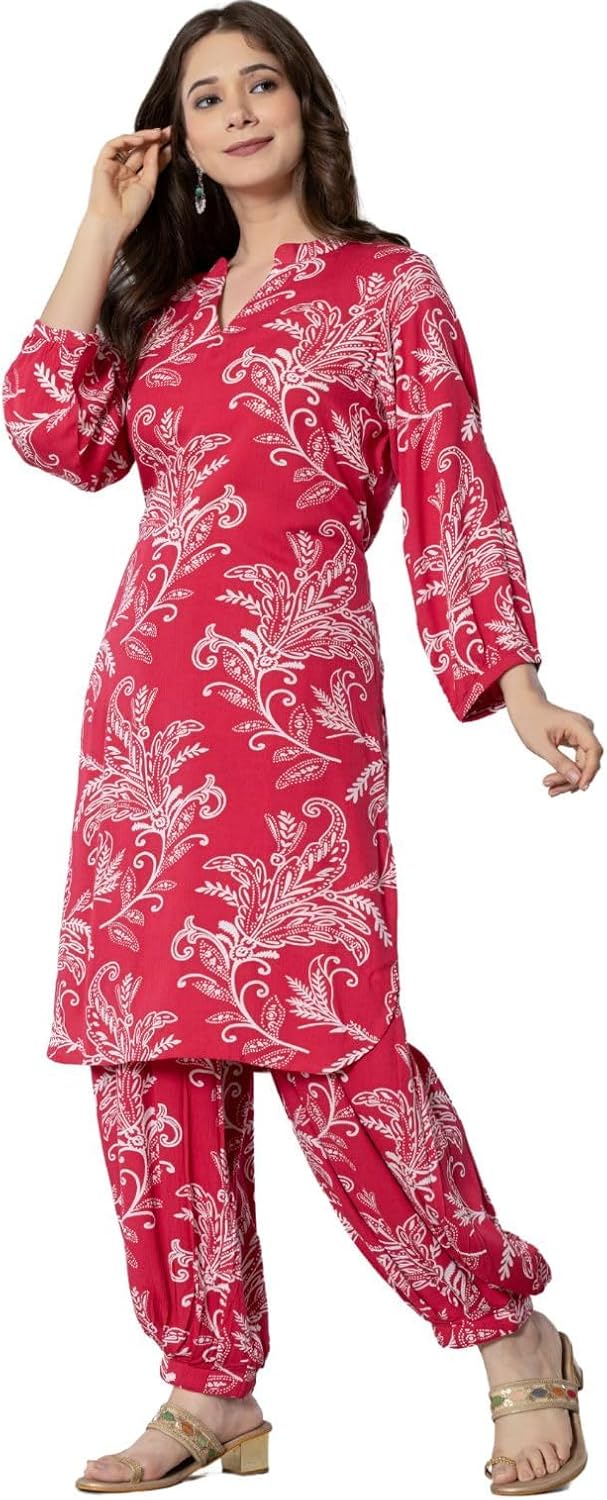 Compatible With rytras Women's Pure Cotton Printed Straight Kurta Set with Palazzo Pants - Ethnic Wear, Pink(RYT590-New,L)