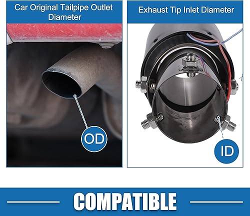 Miniatura 5 de Tubo de escape de coche con luces LED rojas ajustable 1.4-2.2 pulgadas entrada 8.3 pulgadas longitud acero inoxidable fibra de carbono patrón negro