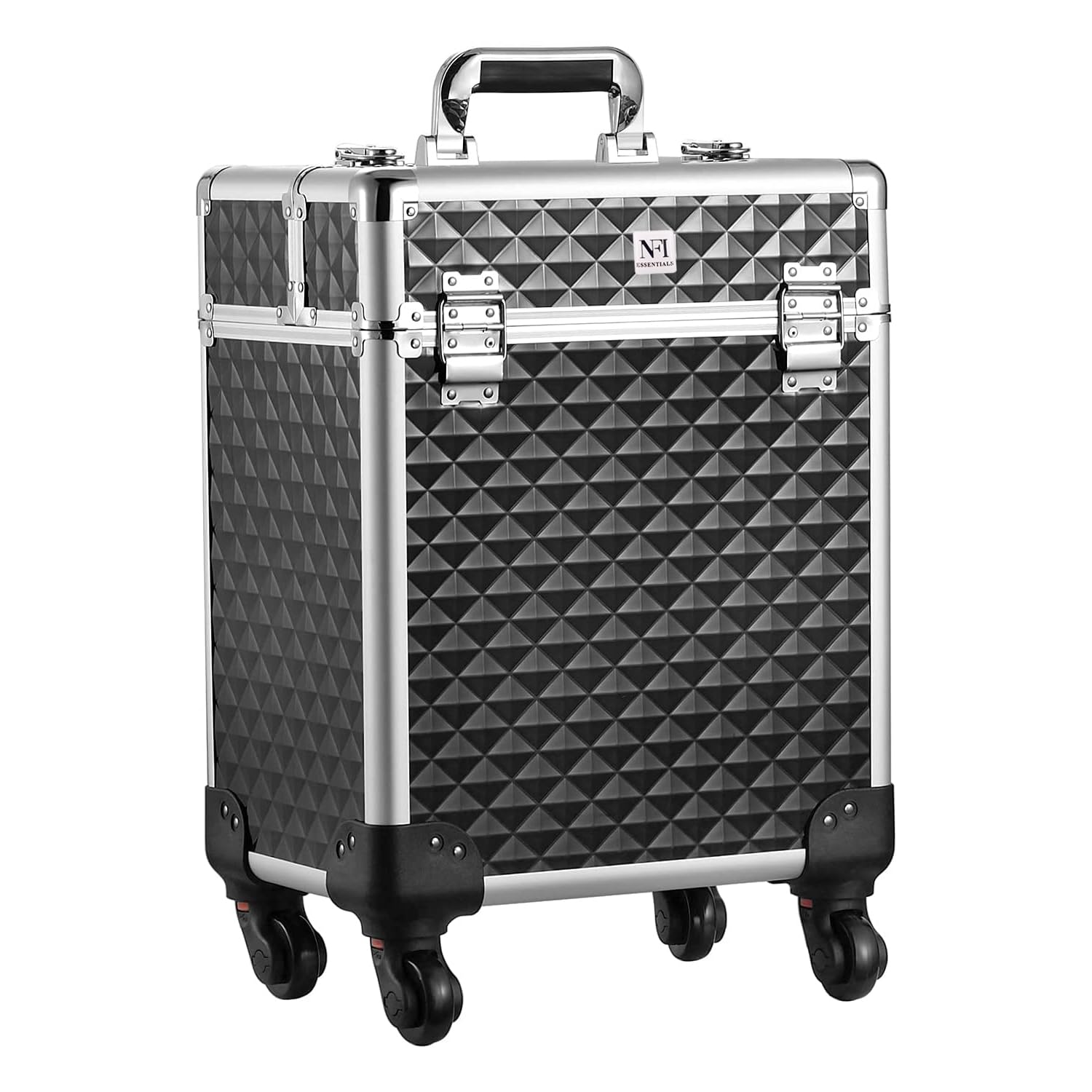 NFI essentials Aluminium Makeup Box with Keys Swivel Wheels Makeup Box Train Case Large Cosmetic Bag Vanity Trolley Organized Case for Barber and Makeupartist-image-13