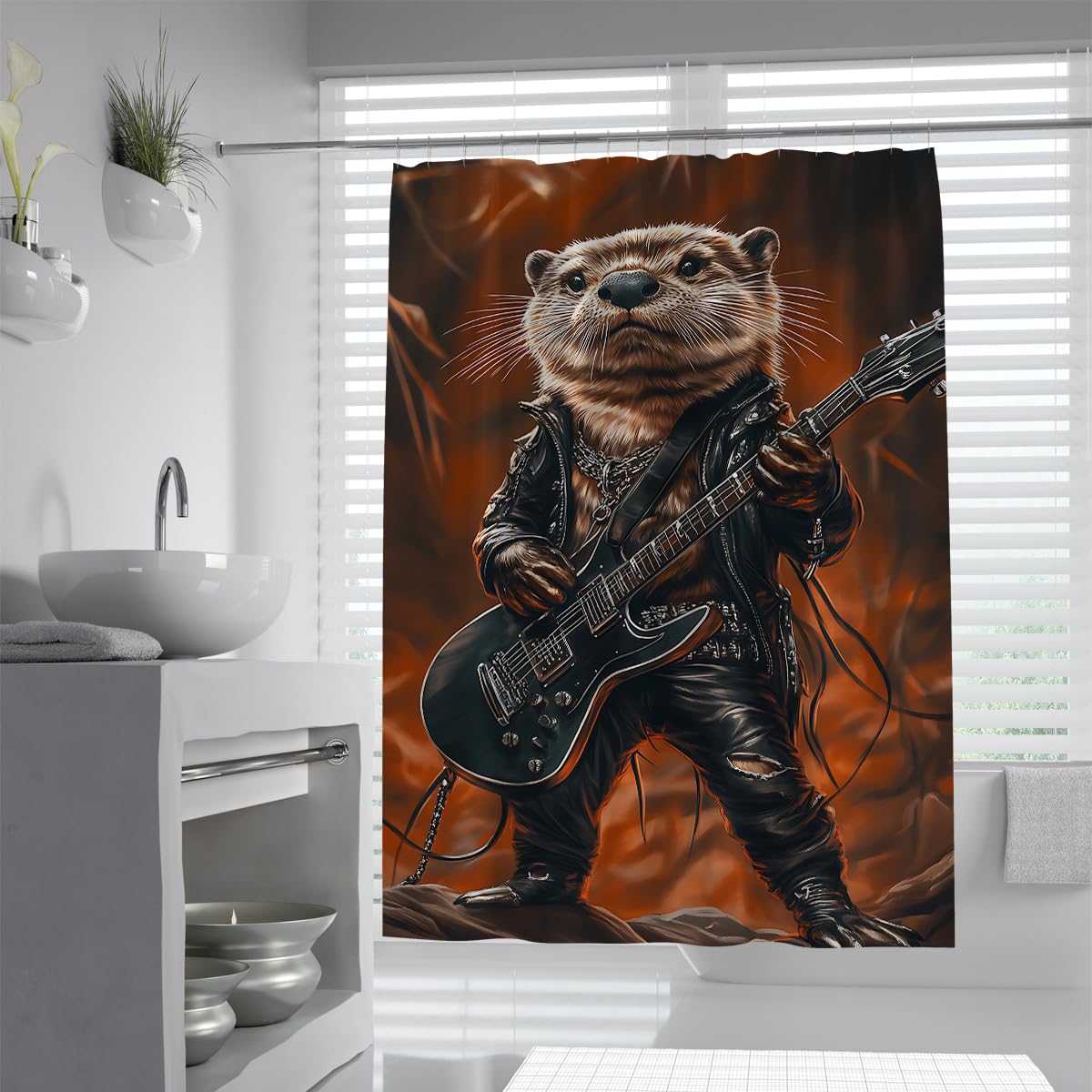 UIRINGART Funny Otter Bath Curtains W160xL200cm Machine Washable Anti Mould Cool Animal Guitar Leather Jacket Fabric Bathroom Screen Rustproof Grommets Tub Liners