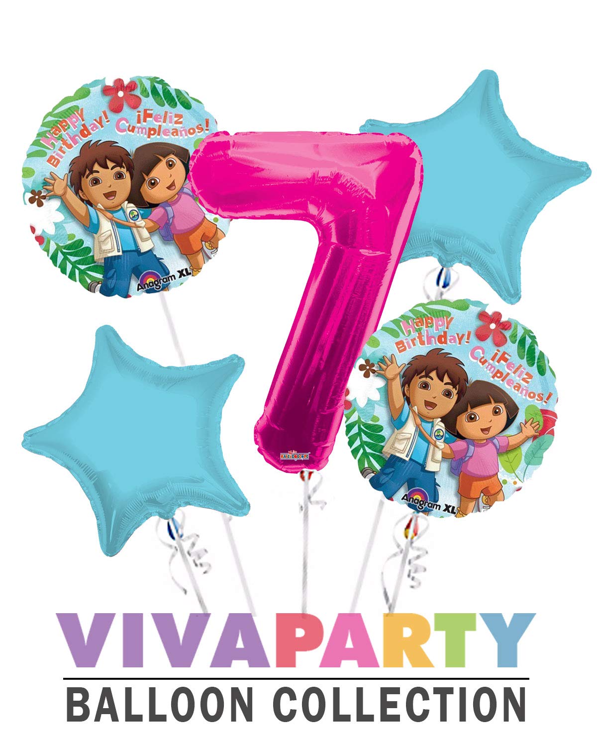 Dora The Explorer Happy Birthday iFeliz Cumpleanos! Balloon Bouquet 5 pc, 7th Birthday, | Viva Party Balloon Collection