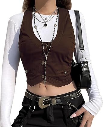 Piacakece Women Dressy Sleeveless Vest Tops V Neck Button Front Cropped Waistcoat Formal Blazer Vest Gilet Top Outwear