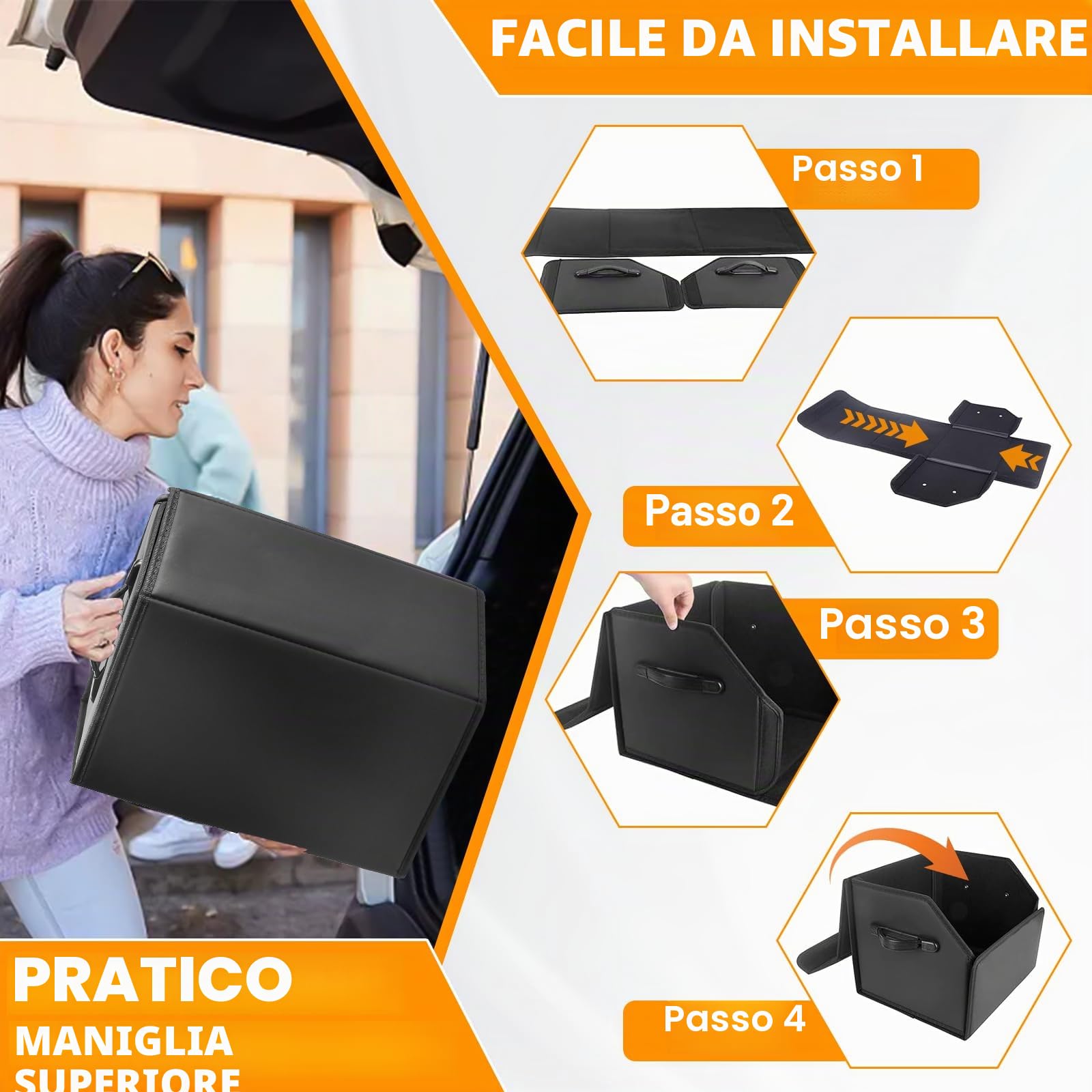 Organizer Bagagliaio Auto Pieghevole Borsa per Bagagliaio per Auto PU Contenitore per il Bagagliaio dell’Auto con Copertura Magnetica per Camper SUV Camion