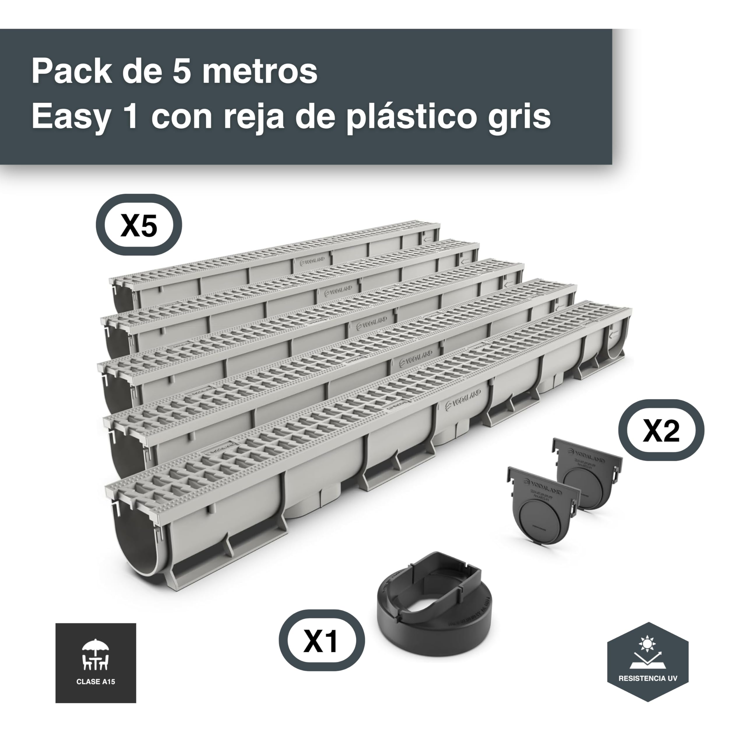 VODALAND - Canaleta de Drenaje Easy 1 con Rejilla de Plastico color GRIS - Kit de 5 Metros | Drenaje Eficiente y Estético para Jardines, Terrazas y Áreas Exteriores | Solución Perfecta para tu Espacio
