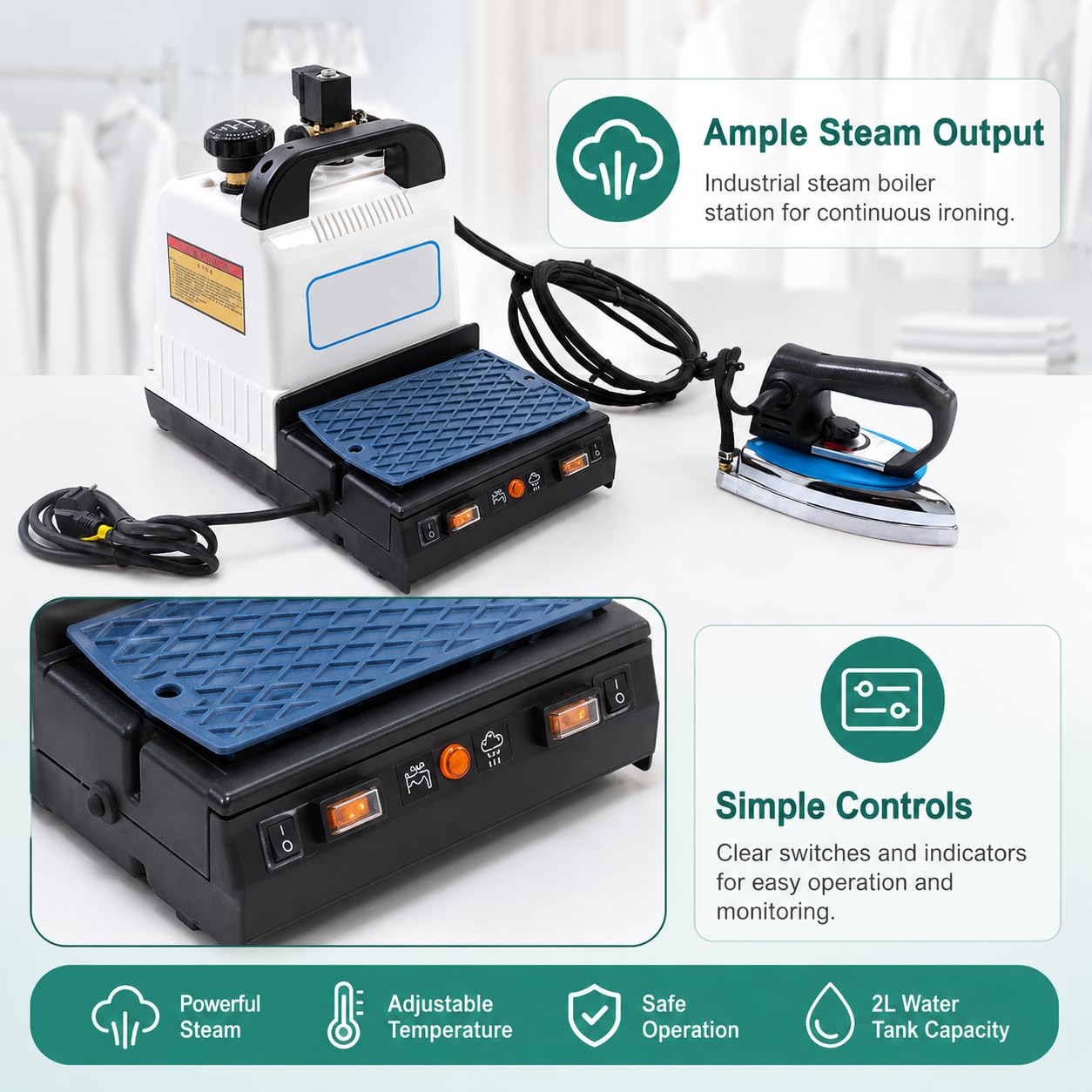 Industrielle Dampfbügeleisen-Kesselstation, 1600 W, 2 l Wassertank | Bis zu 3,5 kg Dampfdruck, 150 °C Dampf, Trocken-/Dampfmodi und Sicherheitskontrollen für kommerzielles Bügeln.