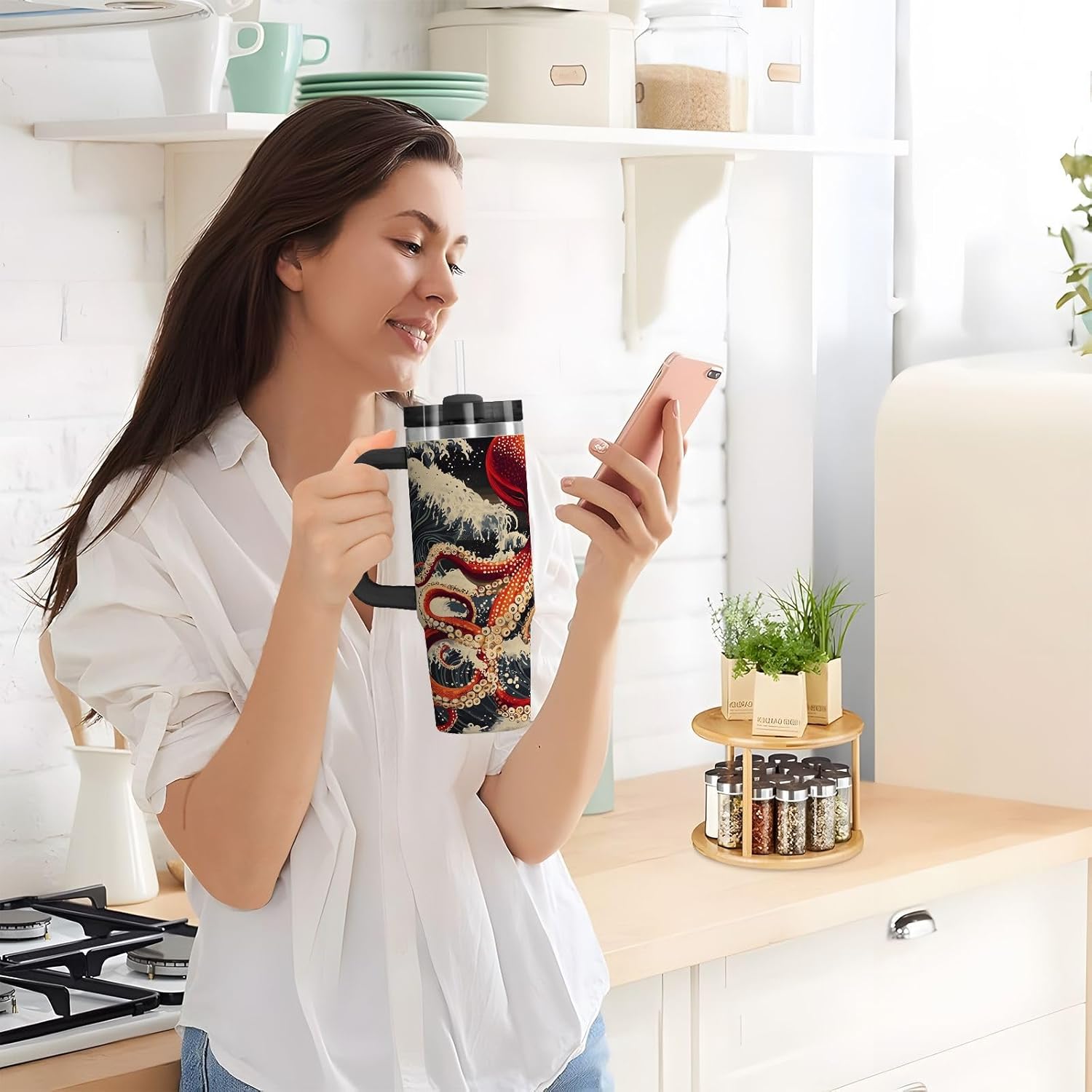 YETTASBIN Red Octopus 40 oz Tumbler with Handle, Stainless Steel Vacuum Insulated Sports Water Bottle, Leak-proof Travel Coffee Mug Cup with Lid and Straw for Water, Iced Tea or Coffee - Image 9