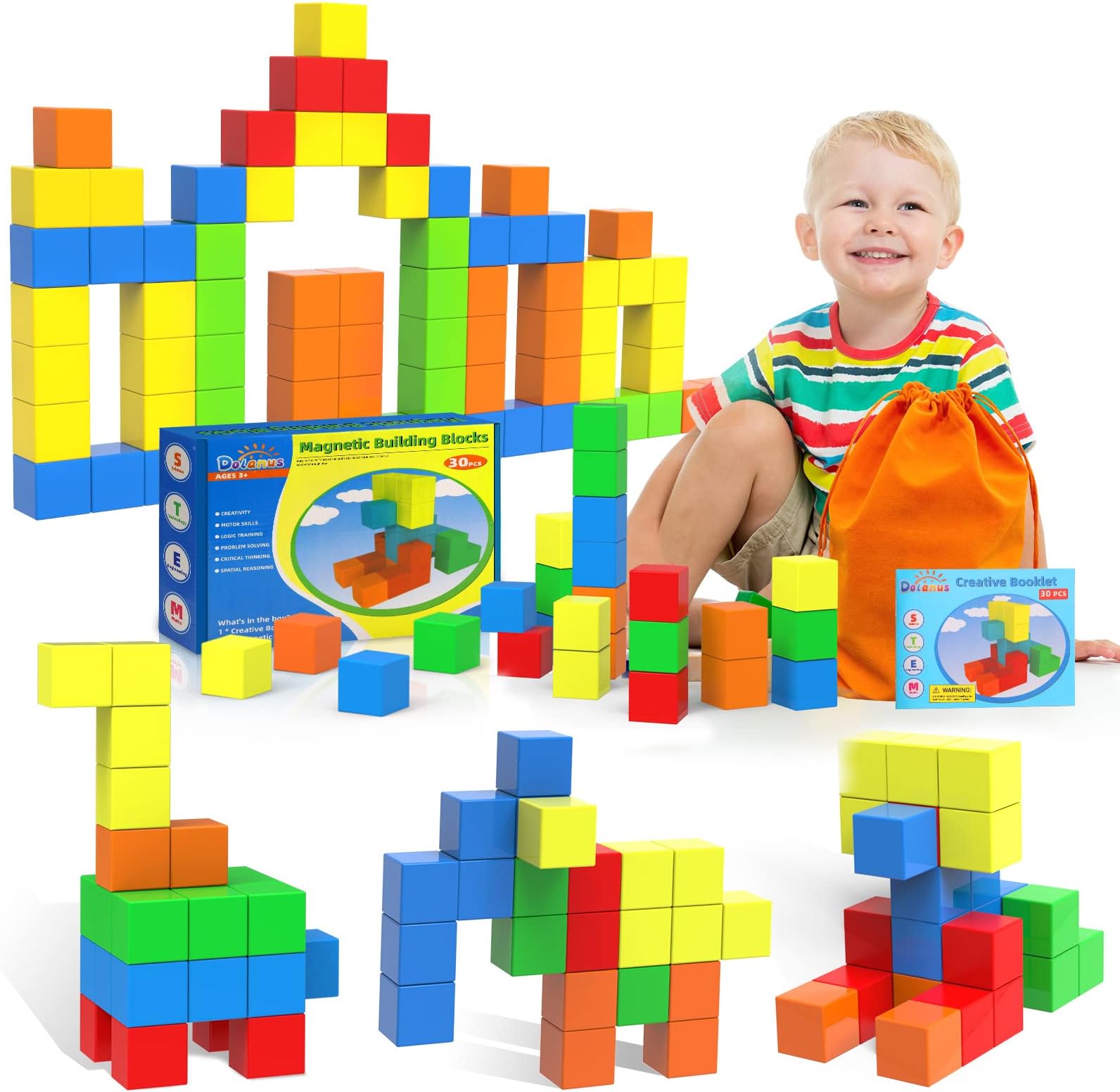 Dolanus Magnetic Blocks for Toddler Toys - Max Magnets Strong Magnetic Building Tiles for Kids, STEM Sensory Cube for Preschool, Gift for Boys Girls Age 3 4 5 6 7 Year Old, 30 Pieces, 1.34 Inch