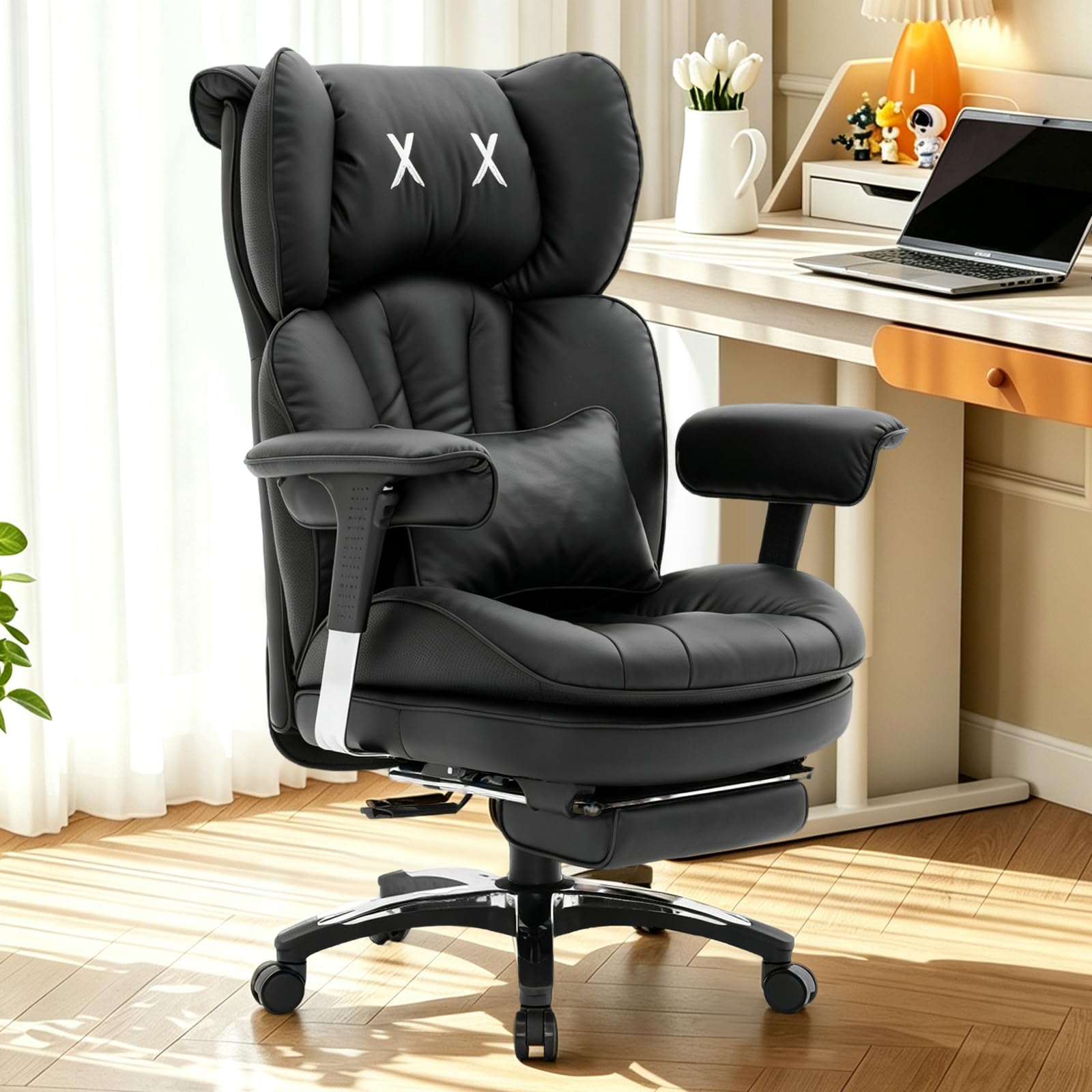 Efomao Fauteuil Gaming Bureau Grande Taille, Chaise Ergonomique en Similicuir PU 200KG, Siège Ordinateur Réglable à Dossier Haut, Pivotant avec Repose-Pieds et Coussin Lombaire