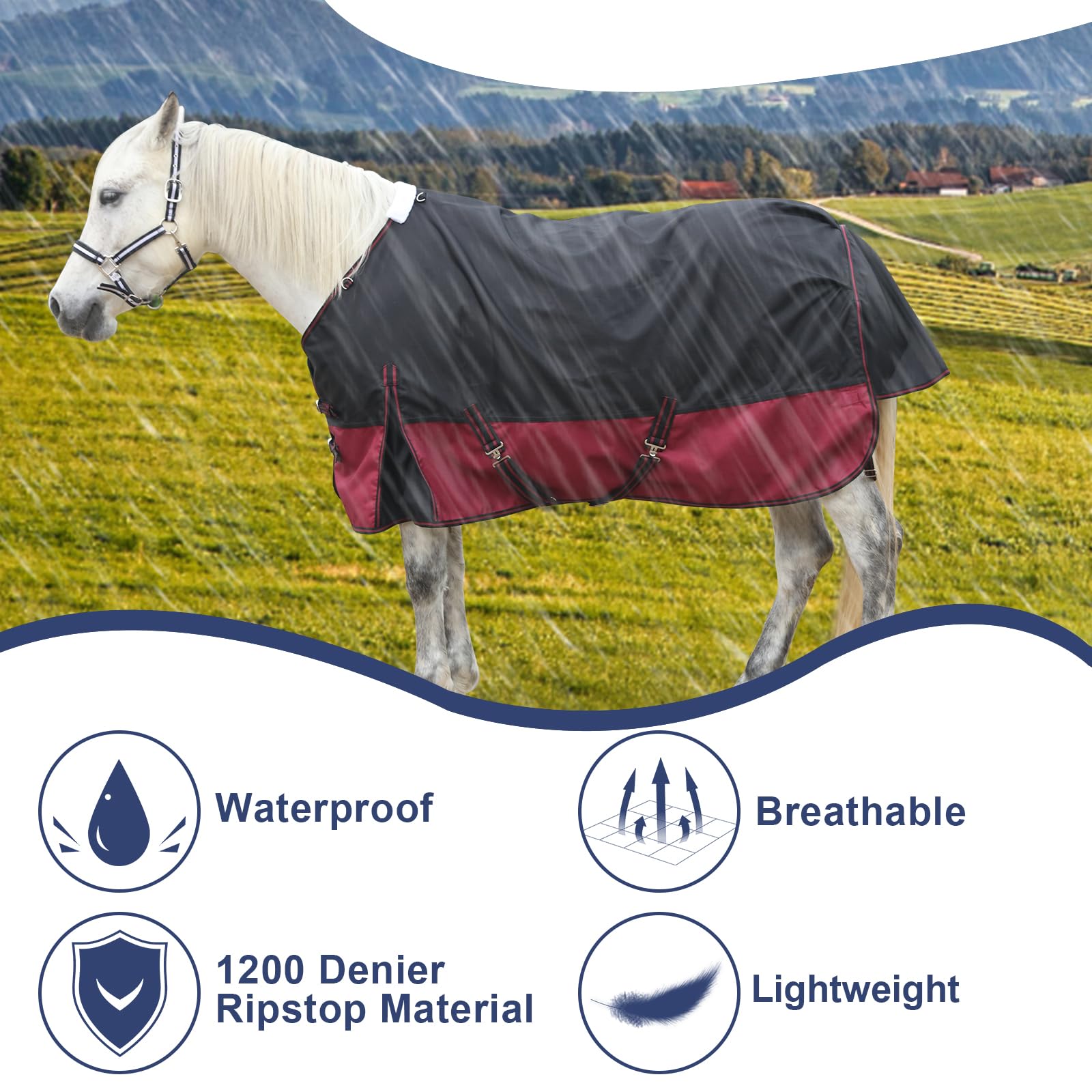 Gallopoff 1200D Ripstop Lightweight No-Fill Turnout Horse Rug, Waterproof & Breathable Standard Neck Outdoor Rain Sheet Black Red, 6'3" - Image 3