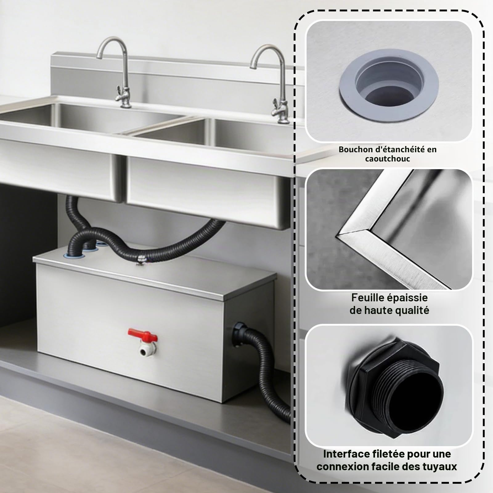 Piège à Graisse Commercial Interceptor 54L en Acier Inoxydable, avec 3 Entrées Supérieures, pour Cuisine, Restaurant, Cantine, Evier de Cuisine, Séparateur D'eaux Usées, 60 x 30 x 30 cm