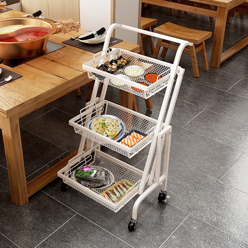 UBP 3 Tier Rolling Storage Cart ，90° - 180°Adjustable Movable Rolling Storage Cart,Removable Baskets,Storage Trolley with Lock Wheels, for Kitchen, Bathroom (White)