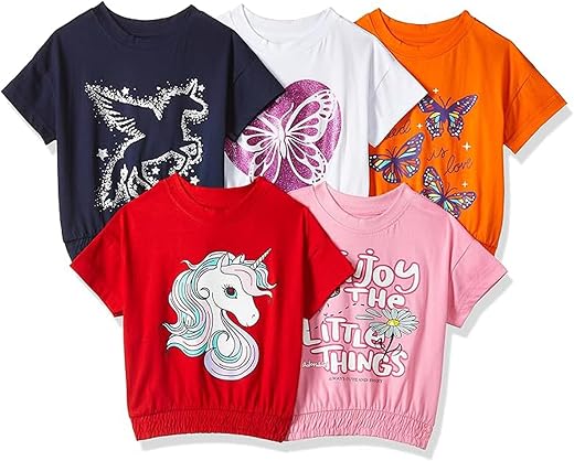 T2F Girls Cotton Printed DropShoulder Oversized Fit T-Shirt (Pack of 5)