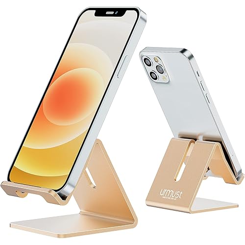 Urmust Desk Cell Phone Stand Holder Aluminum Phone Dock Cradle for iPhone 14 13 12 11 Pro Xs Max Xr X 8 7 6 6s Plus 5 5s 5c, Office Decor Office Supplies Accessories Desk (Gold)