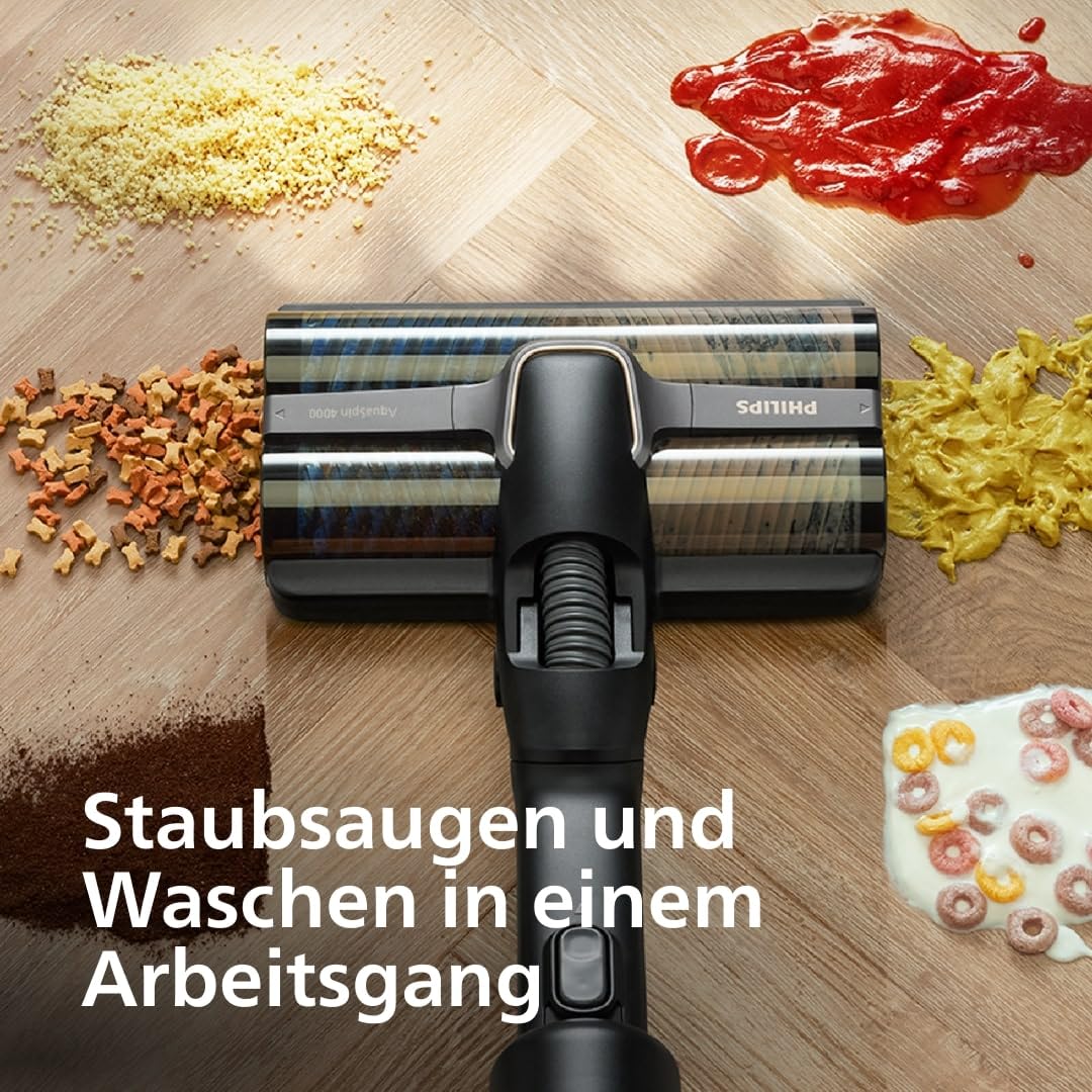 Philips AquaTrio 9000 Kabelloser Wasch- und Staubsauger – All-in-One Reiniger für Staub, Flecken, Flüssigkeiten und Tierbesitzer, Hochgeschwindigkeits-AquaSpin-Bürsten, Auto-Clean-System (XW9463/11)