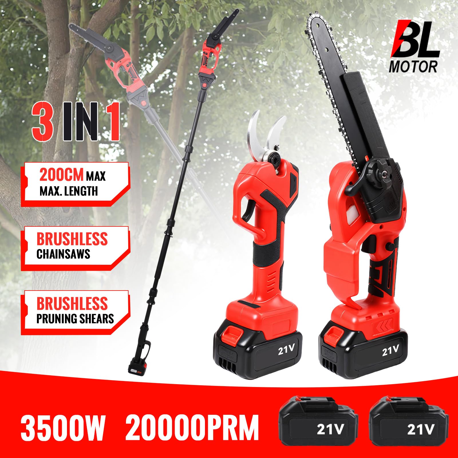 3 en 1 podadora eléctrica inalámbrica 21 V, con palo telescópico (rojo) | Motor sin escobillas, mini motosierra, corte 40 mm, modo seguro, ligero, alcance hasta 2 m, para árboles de jardín y huerto
