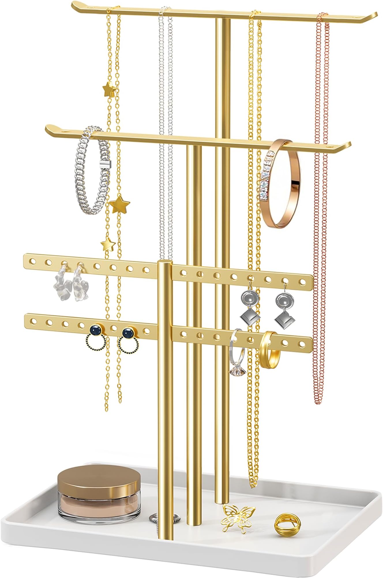 Jewelry Stand Organizer, 32cm Tall Sturdy Metal, 3-Tier Jewelry Holder for Necklace, Earring, Bracelet, Ring, Hanger for Display and Storage, Aesthetic Room Decor, Gold Jewlery Stand with White Tray