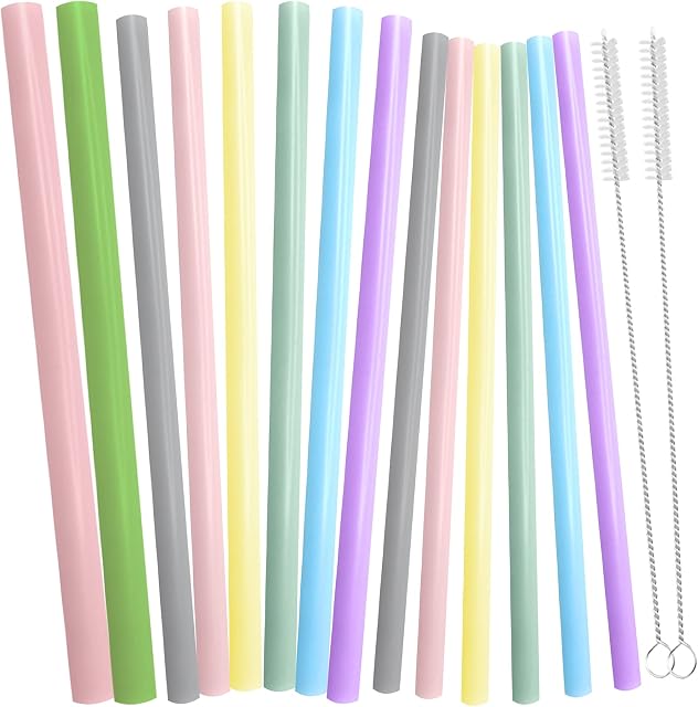 Daily Treasures 14Pcs Silicone Drinking Straws, 3 Sizes Reusable Silicone Straws Straight with 2 Bags & 2 Brushes-Reusable Boba Smoothie Straws for 30 or 20oz Tumblers(0.5", 0.43", 0.35")