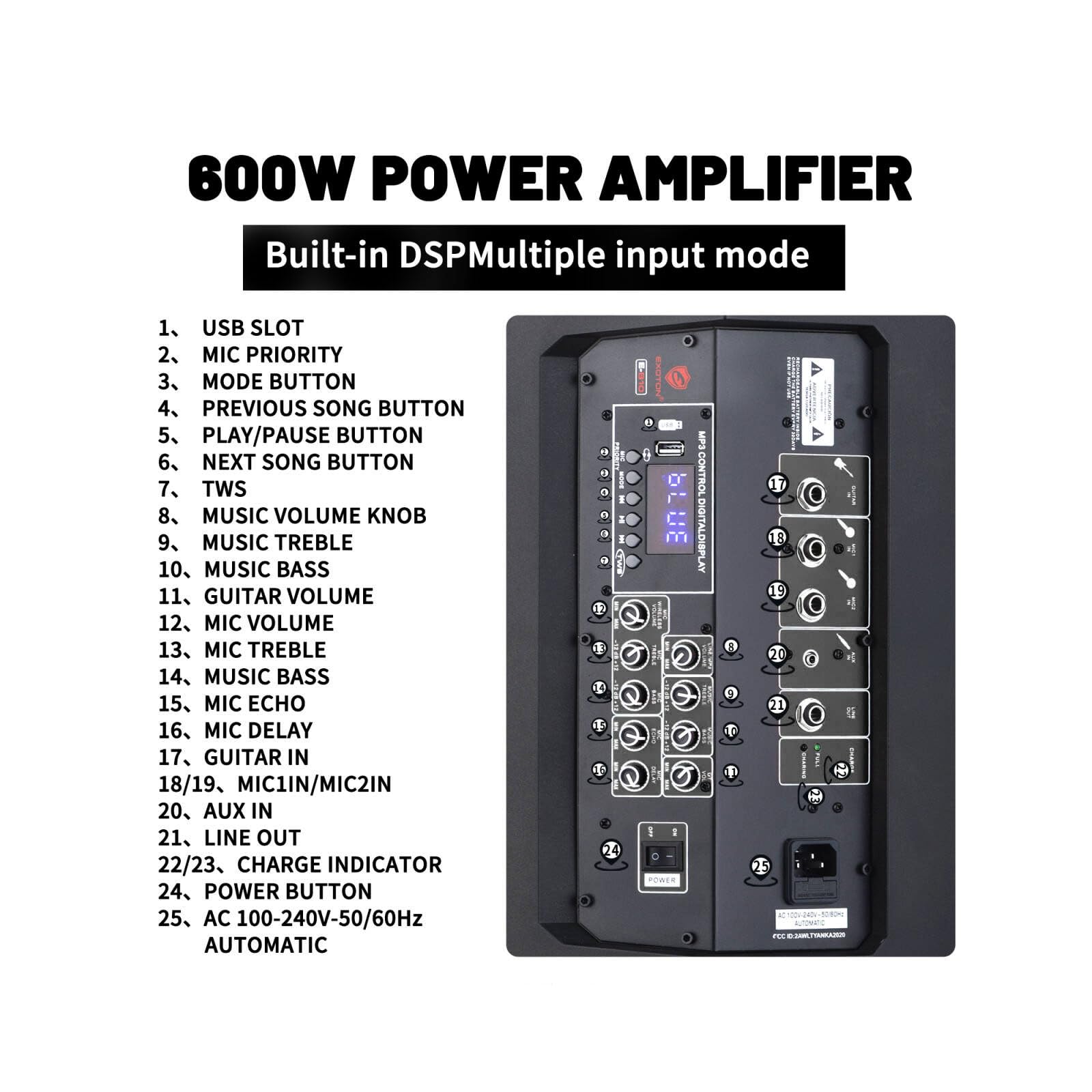 EXOTON EXOTON E-B10 - Altoparlante portatile ricaricabile da 25,4 cm, sistema PA alimentato a batteria da 800 W, DSP integrato, BT, TWS, 6 ore, perfetto per karaoke, DJ, eventi e busking