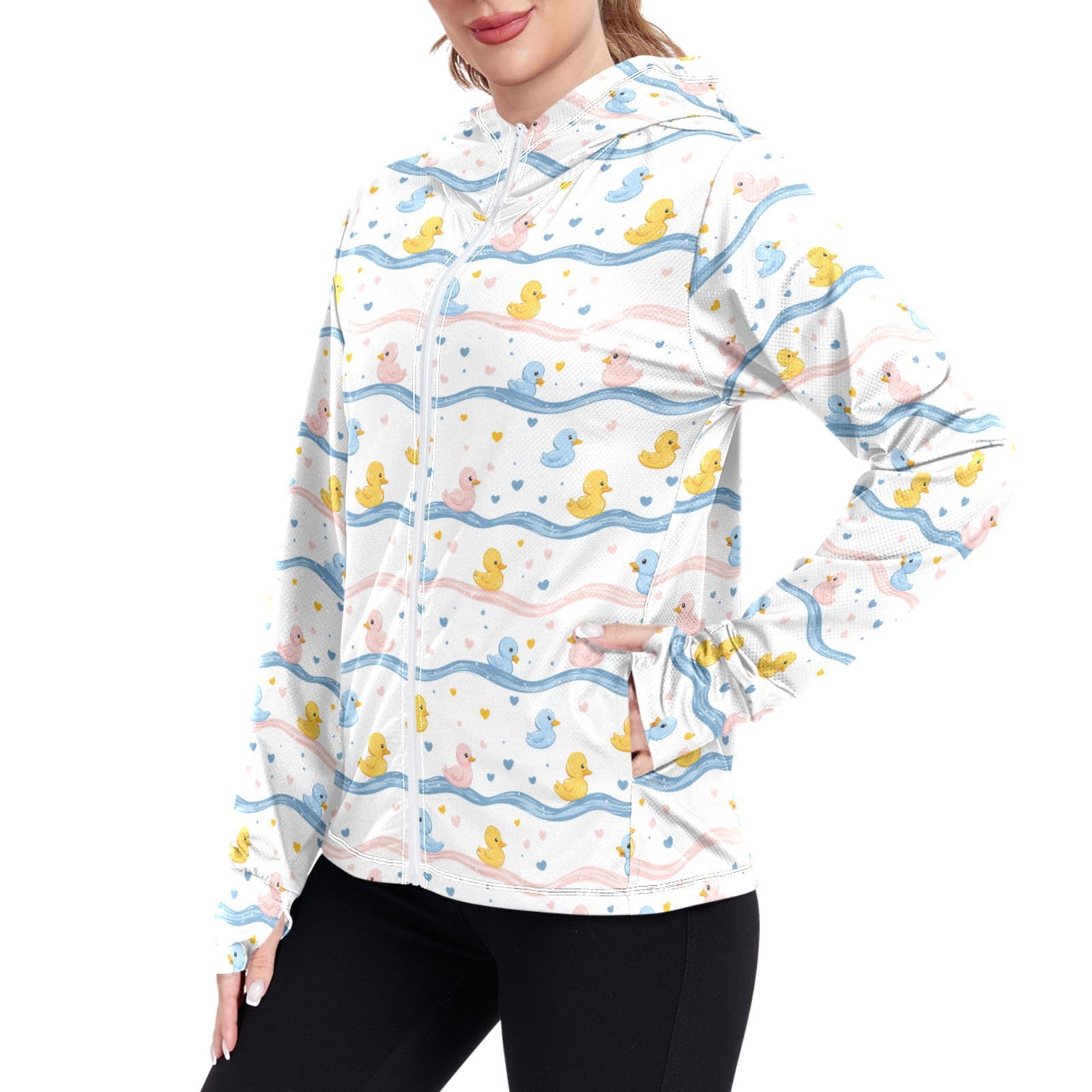 Cute Colored Ducks Waves Women Sun Protection Hoodie Jacket Lightweight Womens Zip Up Jackets UPF 50+