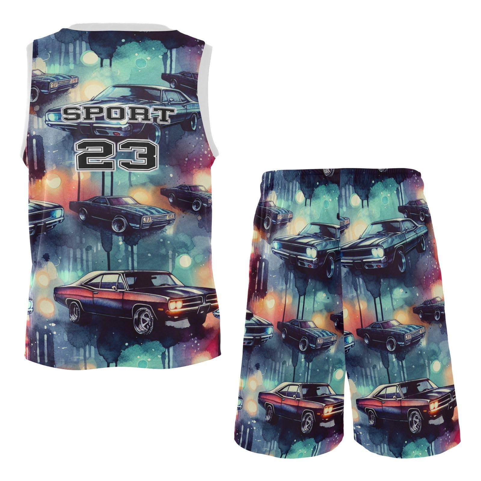 FLildon Neon Muscle Cars Boys Basketball Jersey Set Tank Top Shorts Tracksuit Sport Training Suit for Kids, L