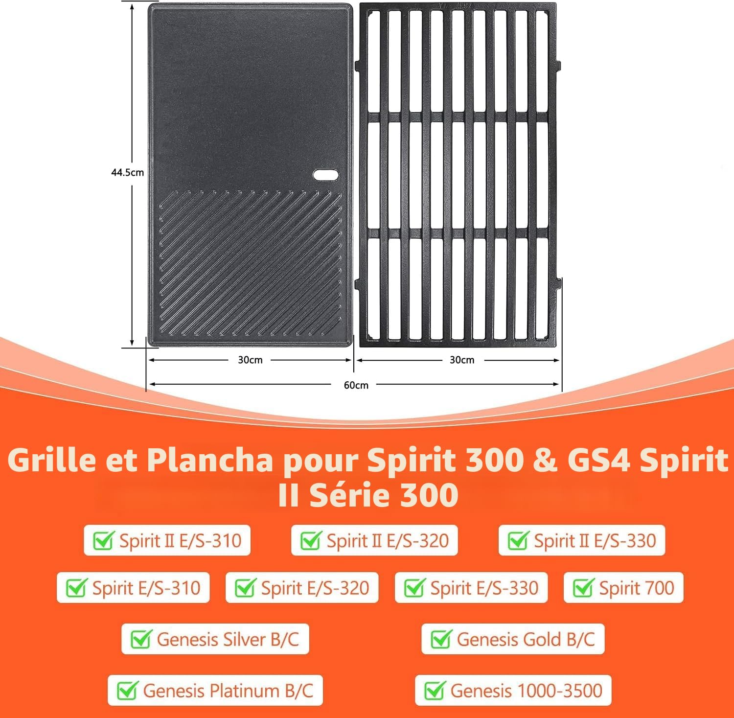 GFTIME Weber Spirit I II E310 E320 E330 S310 S320 S310 S320 S330 Lot de 2 grilles en fonte pour barbecue Weber Spirit série 300 44,5 cm
