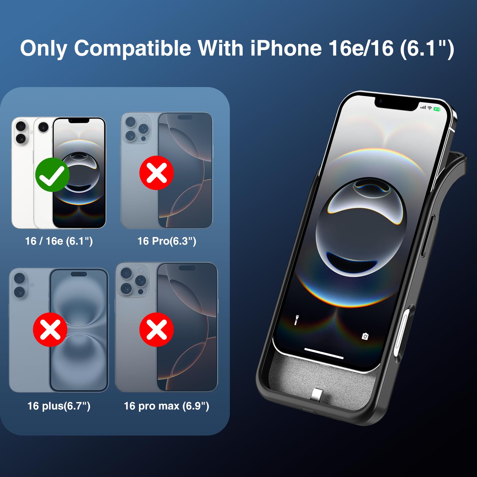 GIN FOXI Coque de batterie pour iPhone 16/16e [2026] Coque de chargement rapide 8500 mAh Ultra fine et légère Batterie rechargeable en TPU anti-chute Puissante boîte à jus pour iPhone 16/16e (6,1