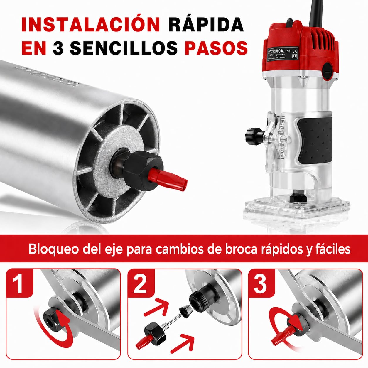 Fresadora Para Madera Compacta, 800W 30000RPM Fresadora De Mano Portátil, 6,35 mm Rebajadora Eléctrica con Guía Lateral y Guía Recta, para Ranuras, Cantos y Perfiles