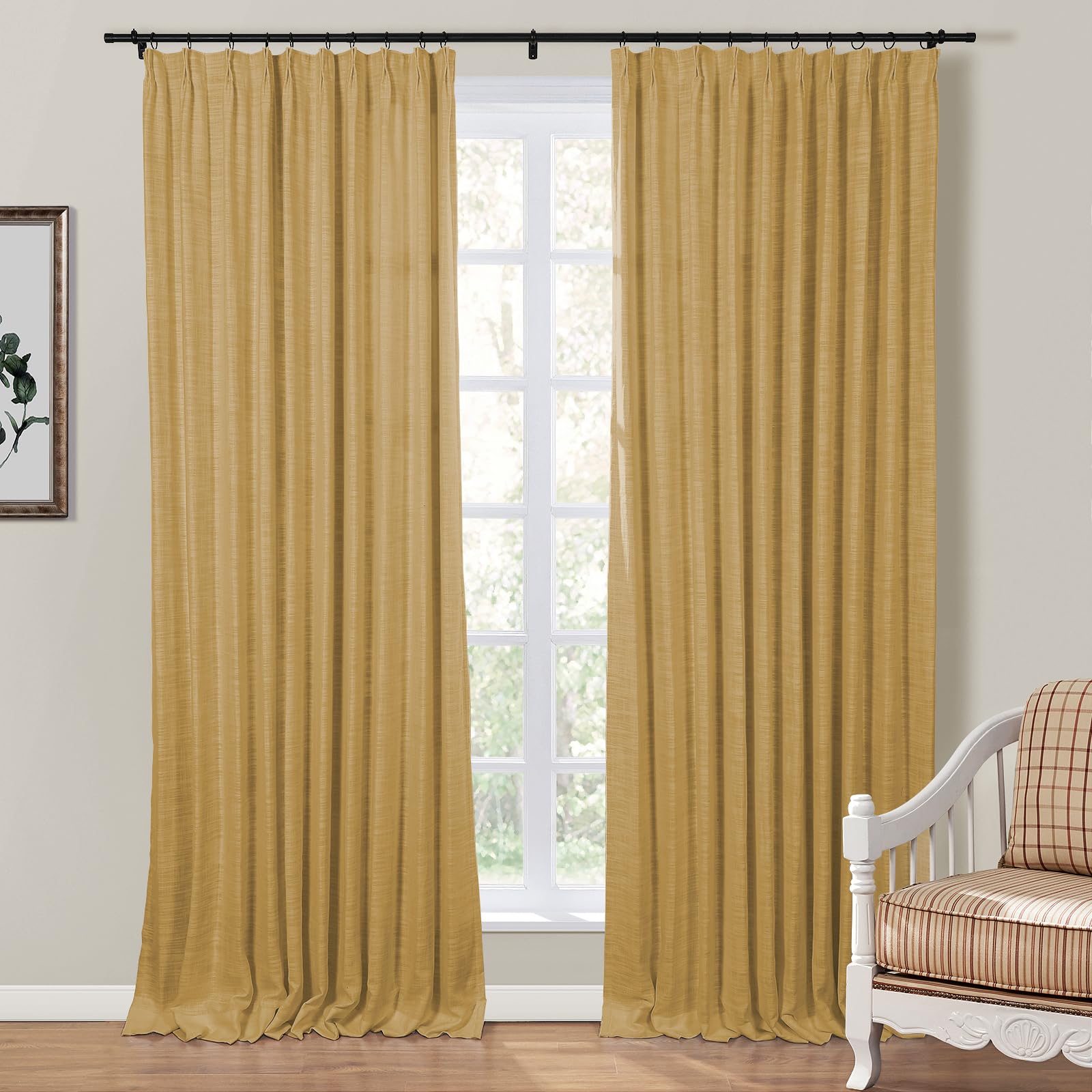 TWOPAGES Mustard Yellow Pinch Pleated Curtain 96 Inch Length Linen Blend Lined Light Filtering Curtain for Living Room Bedroom, Linen Textured Window