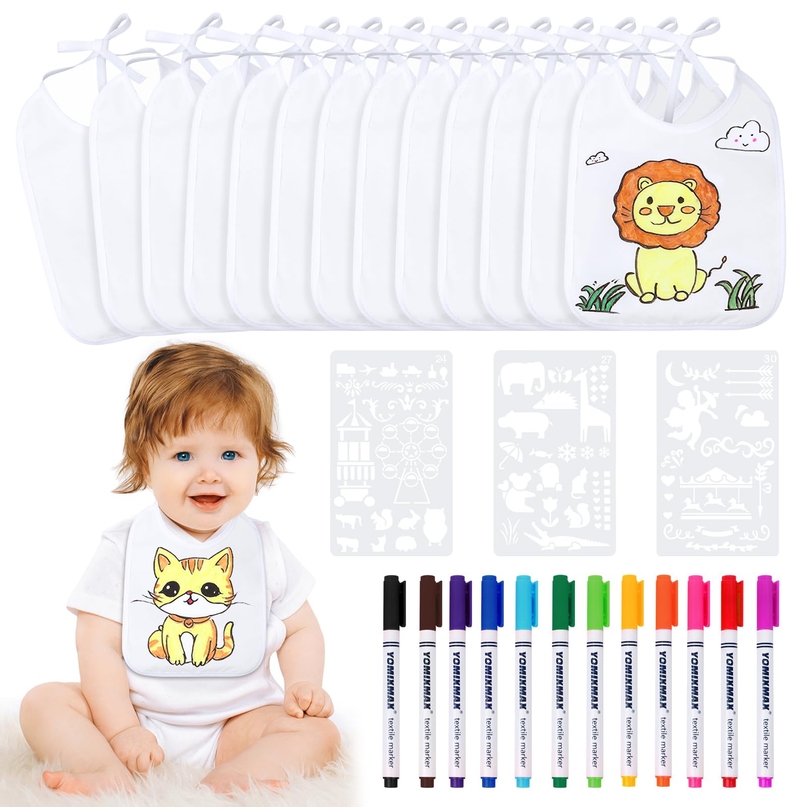 LWMTT 12 Stück Lätzchen zum Bemalen,Wasserdicht Halstuch Sabberlätzchen Baby,mit 12 Textilstifte Waschmaschinenfest und 3 Schablonen,Wasserdicht Halstuch Sabberlätzchen Baby für Junge Mädchen