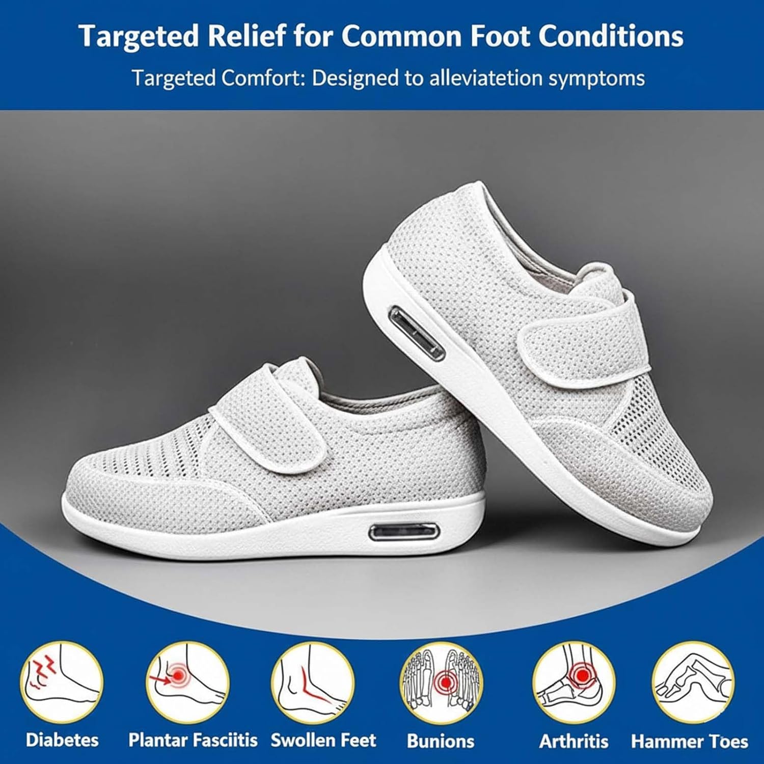 Diabetic Shoes, Wide Width Elderly Shoes, Adjustable Closure Lightweight Breathable Walking Shoes, Comfortable Edema Sneakers for Swollen Feet