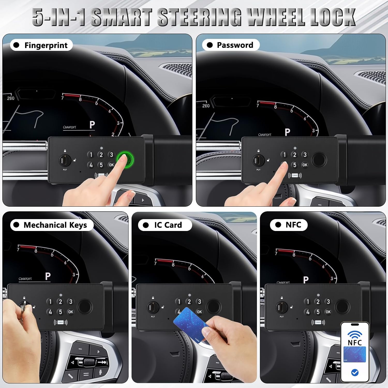 Fingerprint Steering Wheel Lock Anti-Theft Device with Alarm, 5 Way Unlock Fingerprint/Password/IC Card/Keys/NFC, Heavy Duty Car Steering Wheel Lock for Truck Car Vehicles Pickup SUV RV