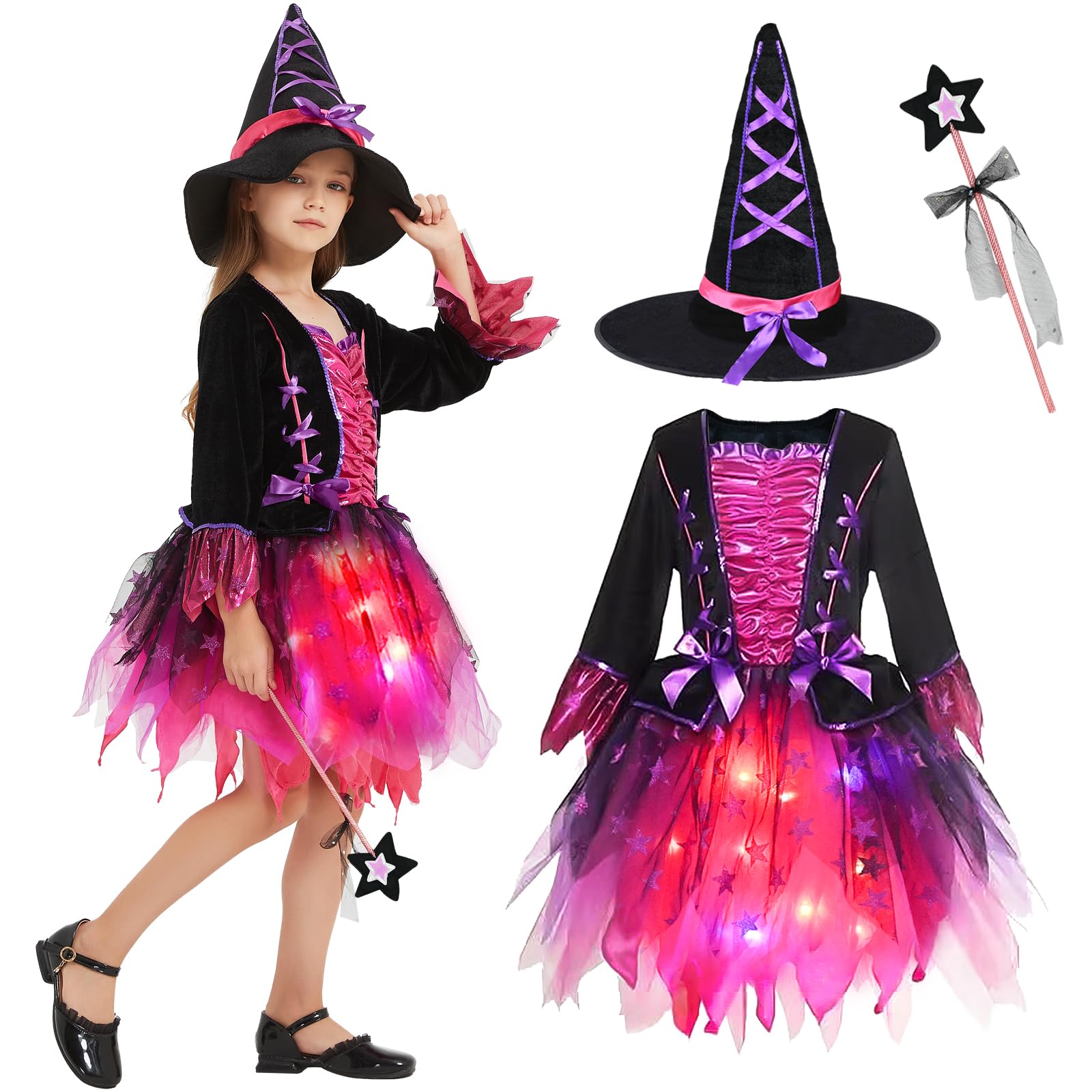 Joellfuner Disfraz de Bruja para Niña, Vestido de Bruja Niña, Disfraces de Halloween Niña, LED Falda Bruja con Sombrero y Varita, Cosplay Traje de Bruja para Halloween Carnaval Cumpleaños Fiesta