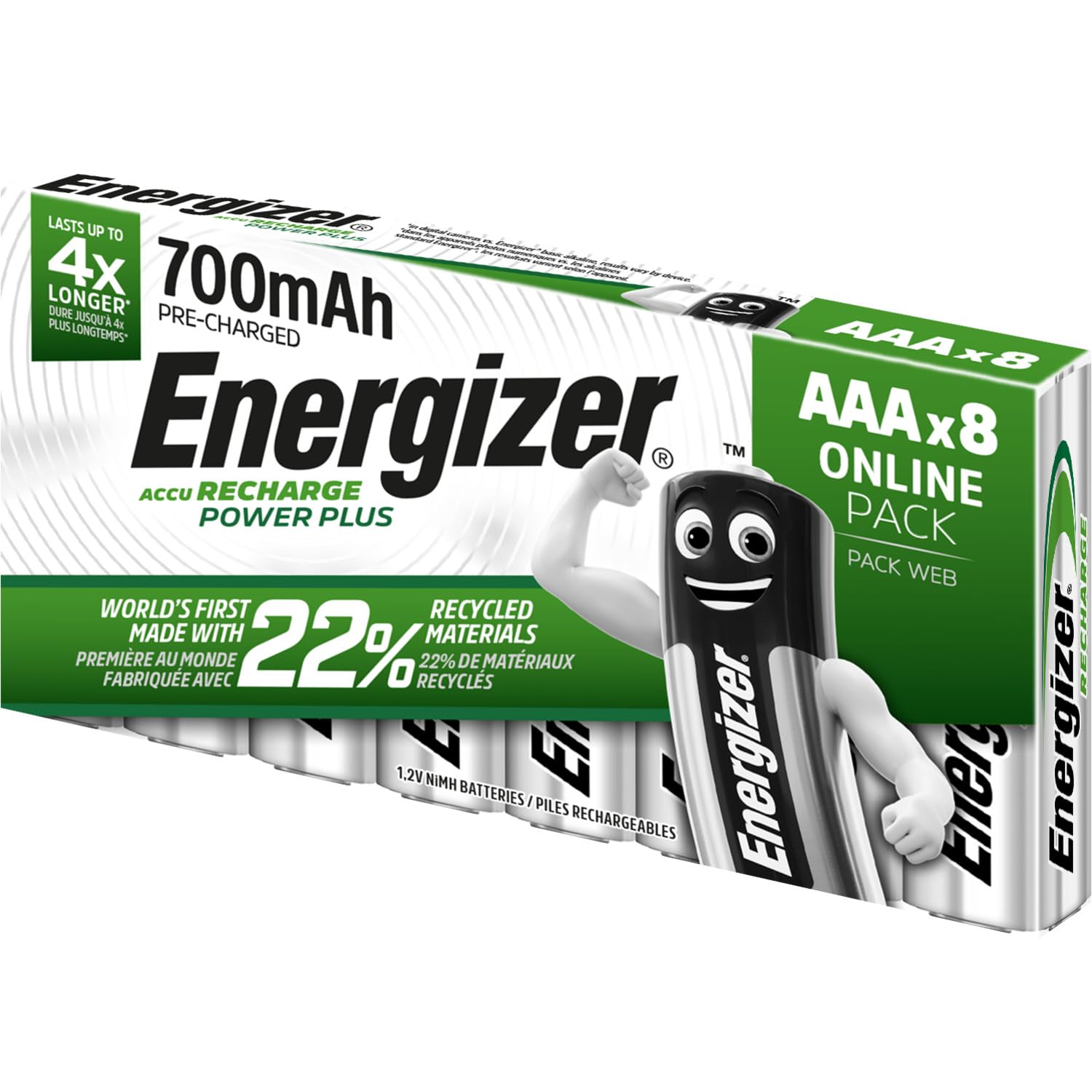 Energizer Recharge Power Plus - Rechargeable AAA Batteries (8 Pack) - 700 mAh NiMH Triple A Battery - 100% Recyclable Plastic Free Packaging