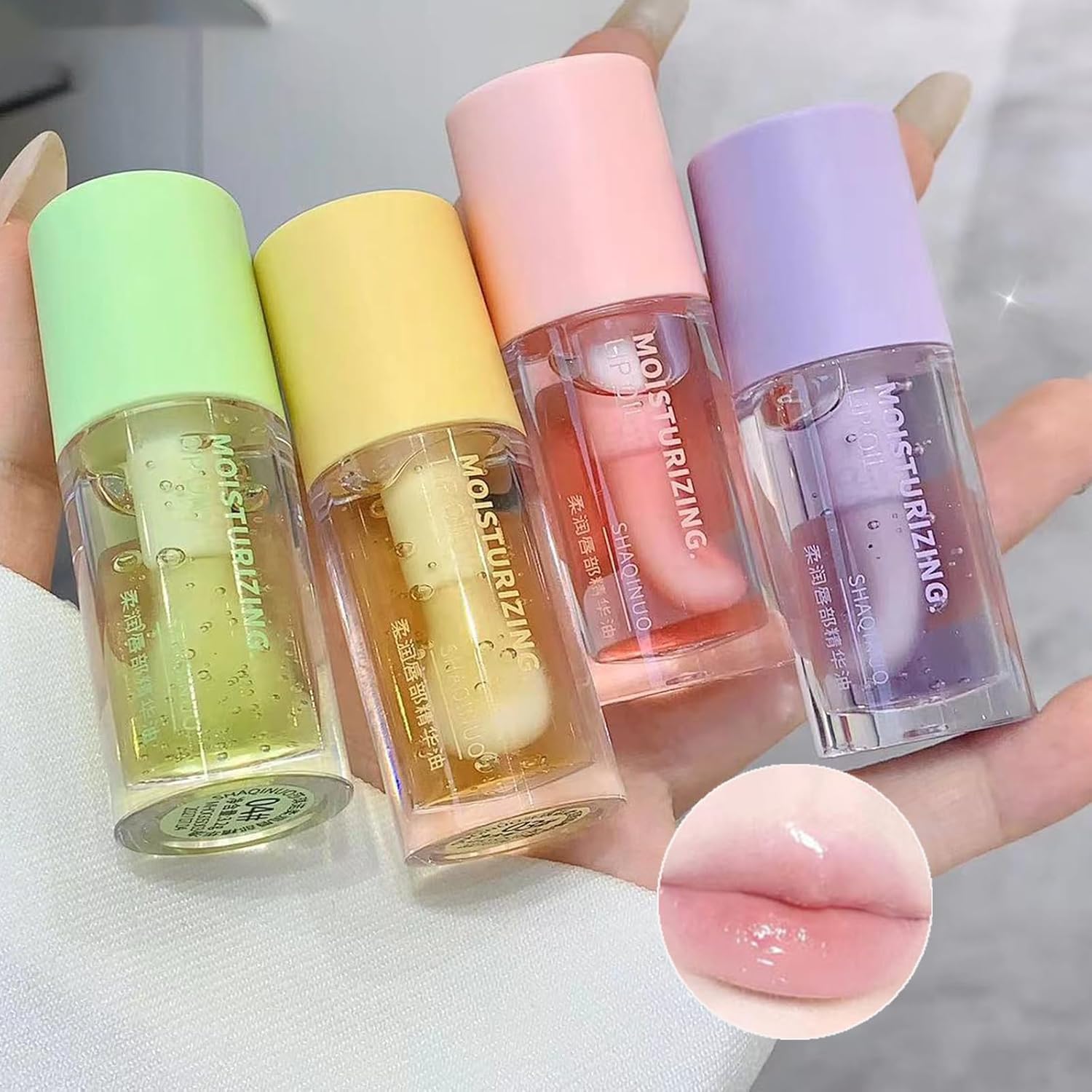 Korean Plumping Lip Glow Oil Fruit Flavoured Transparent Toot Lip Gloss, 4PCS Moisturizing Hydrating Lip Oil Long Lasting Lip Balm and Tinting for Dry Lips-picture-49